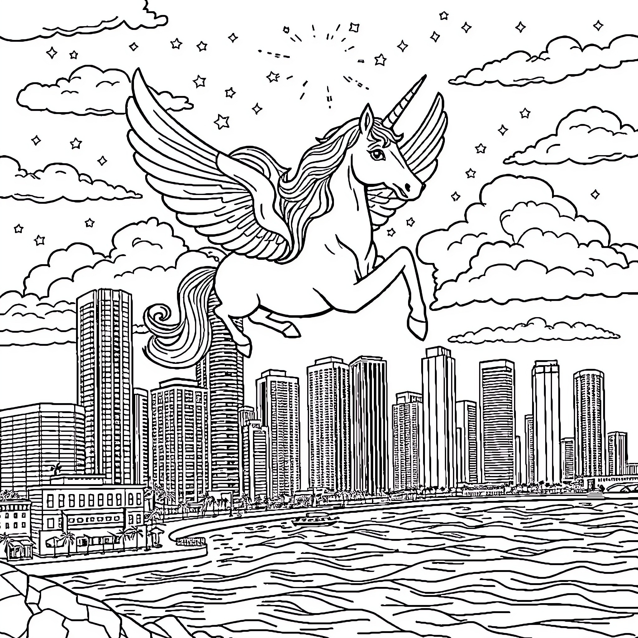 Unicorn soaring over the sparkling city skyline Coloring Page (free black-and-white line drawing printable PDF for all, from beginners to advanced learners, including children, teens, adults, and seniors)