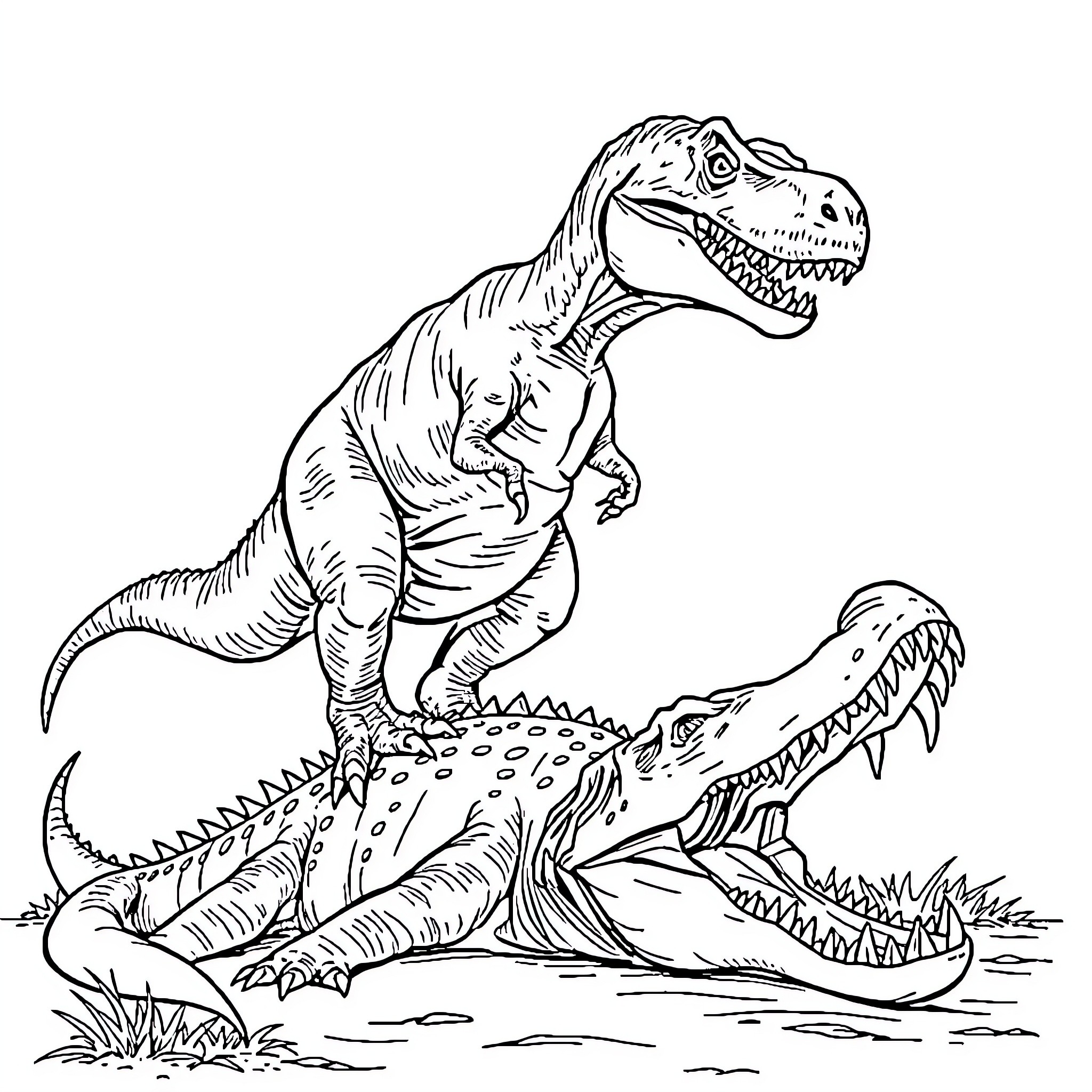 T-Rex stomping and roaring at another dinosaur Coloring Page (free black-and-white line drawing printable PDF for all, from beginners to advanced learners, including children, teens, adults, and seniors)