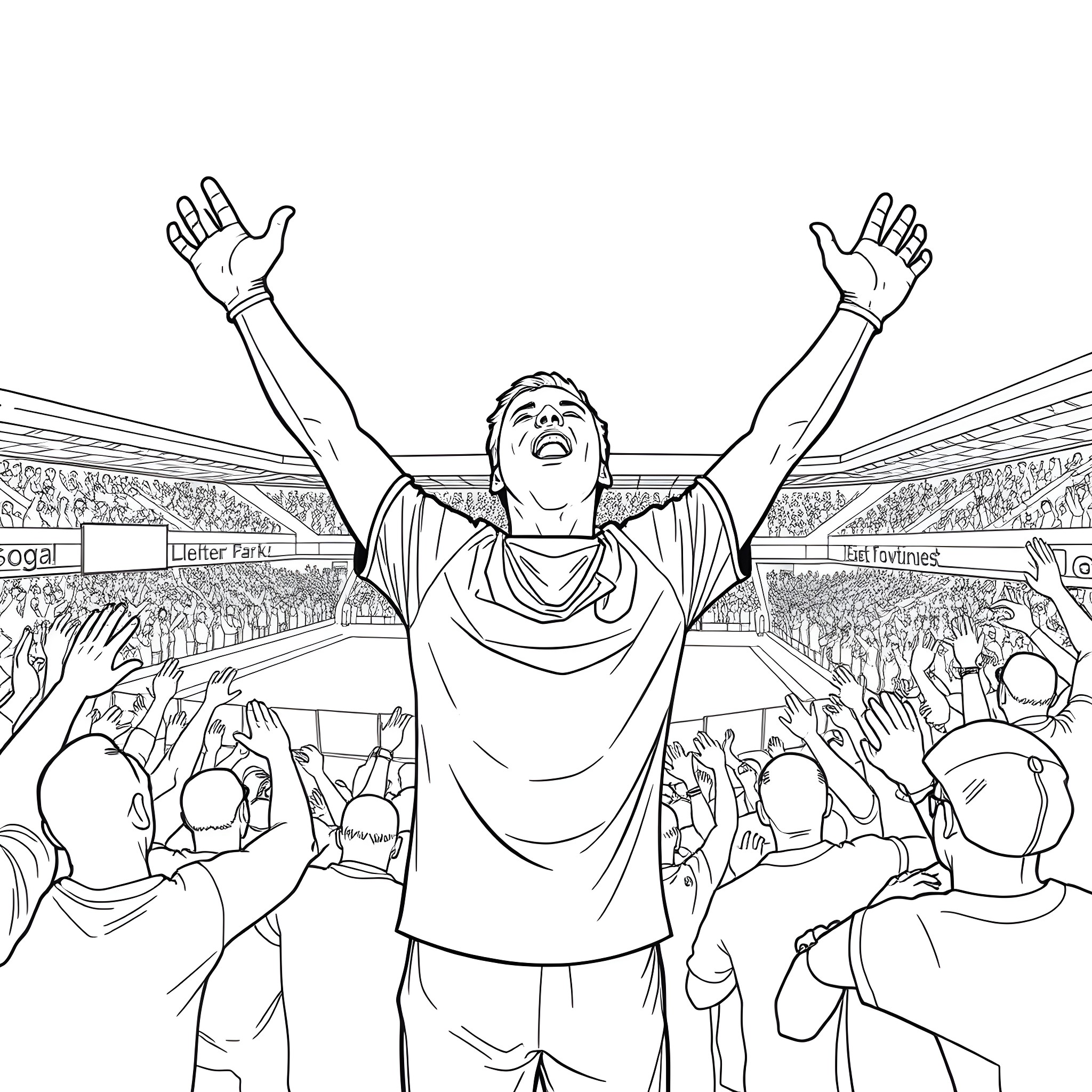 EMI Martinez celebrating victory with the crowd Coloring Page (free black-and-white line drawing printable PDF for all, from beginners to advanced learners, including children, teens, adults, and seniors)