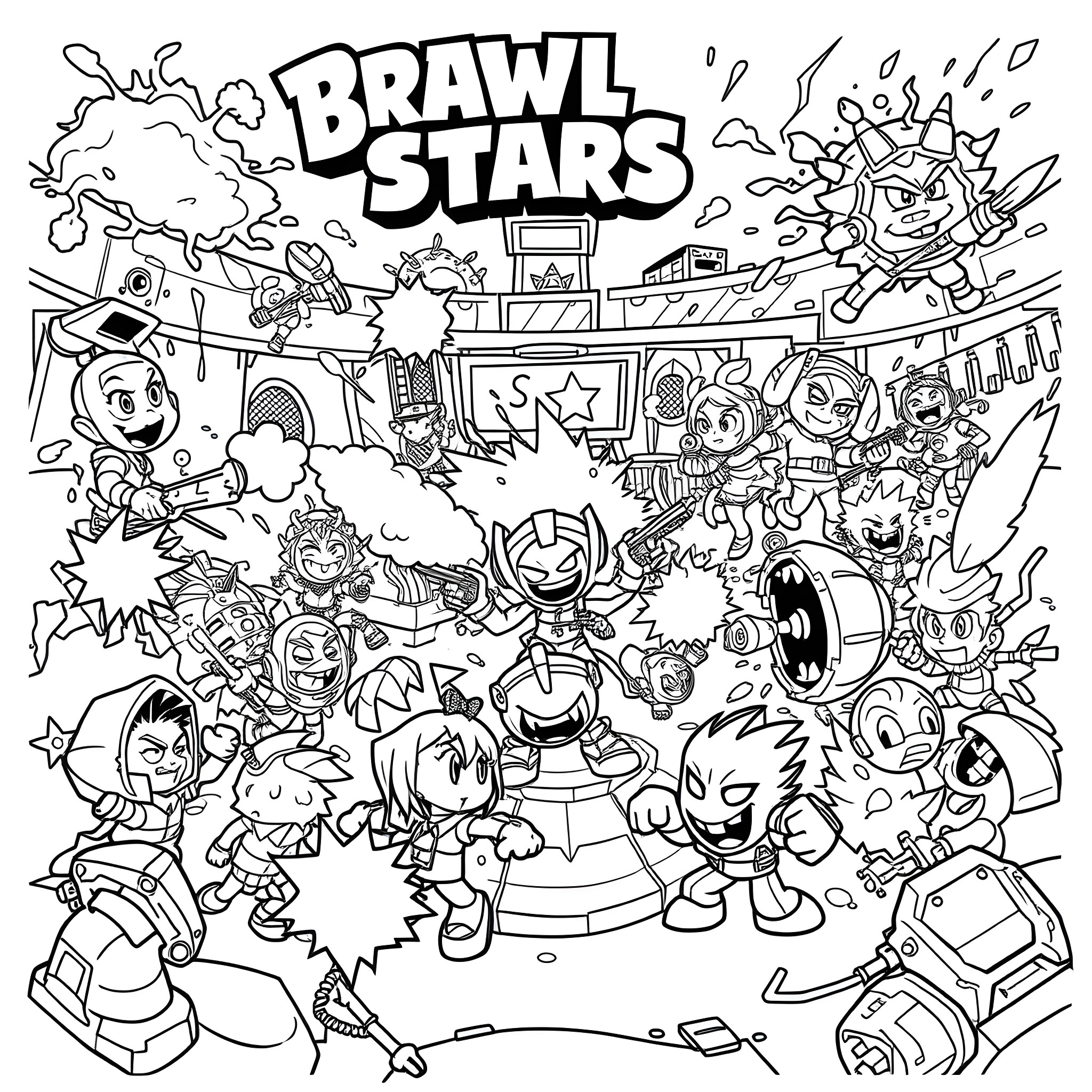 Brawl Stars - Chaotic Battle Scene Coloring Page (free black-and-white line drawing printable PDF for all, from beginners to advanced learners, including children, teens, adults, and seniors)