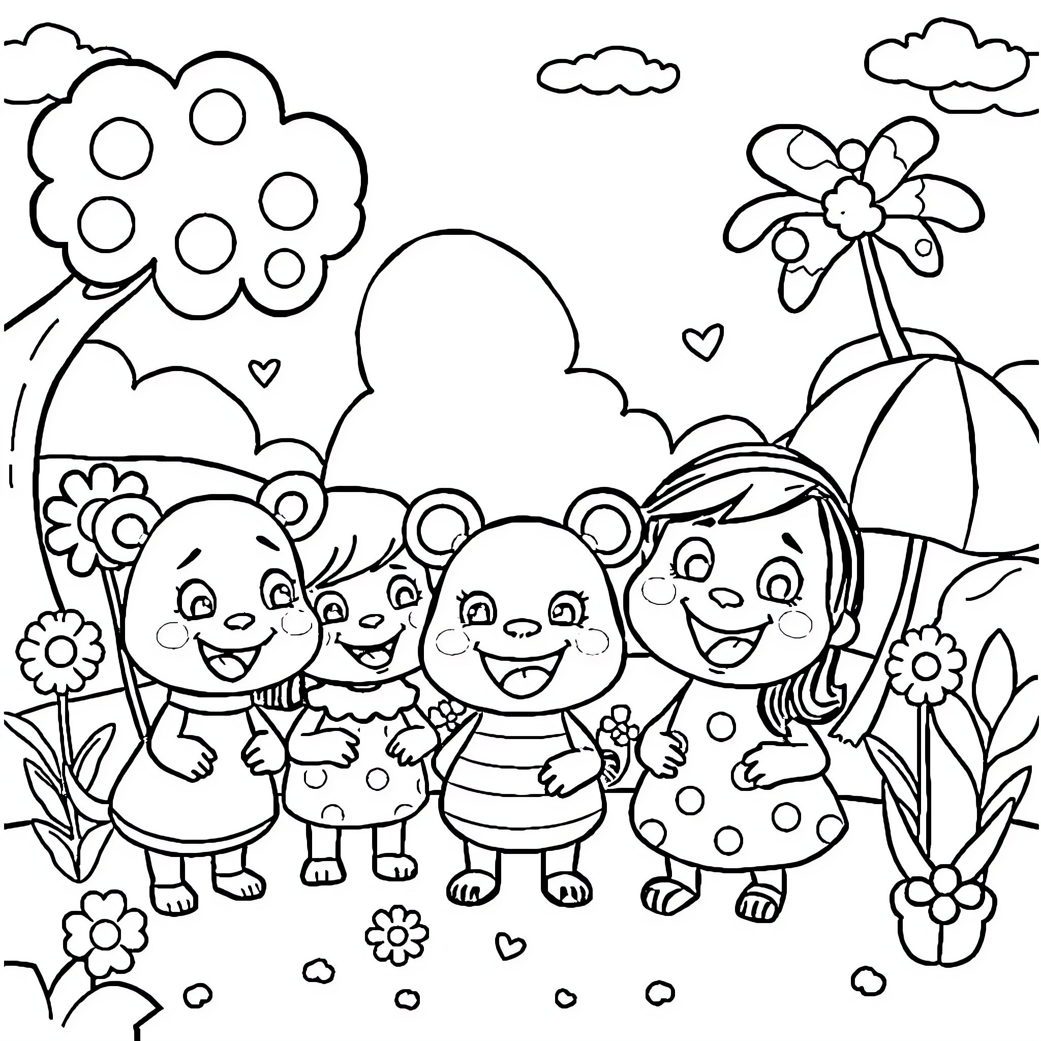 Toca Boca People playing happily in a colorful landscape Coloring Page (free black-and-white line drawing printable PDF for all, from beginners to advanced learners, including children, teens, adults, and seniors)