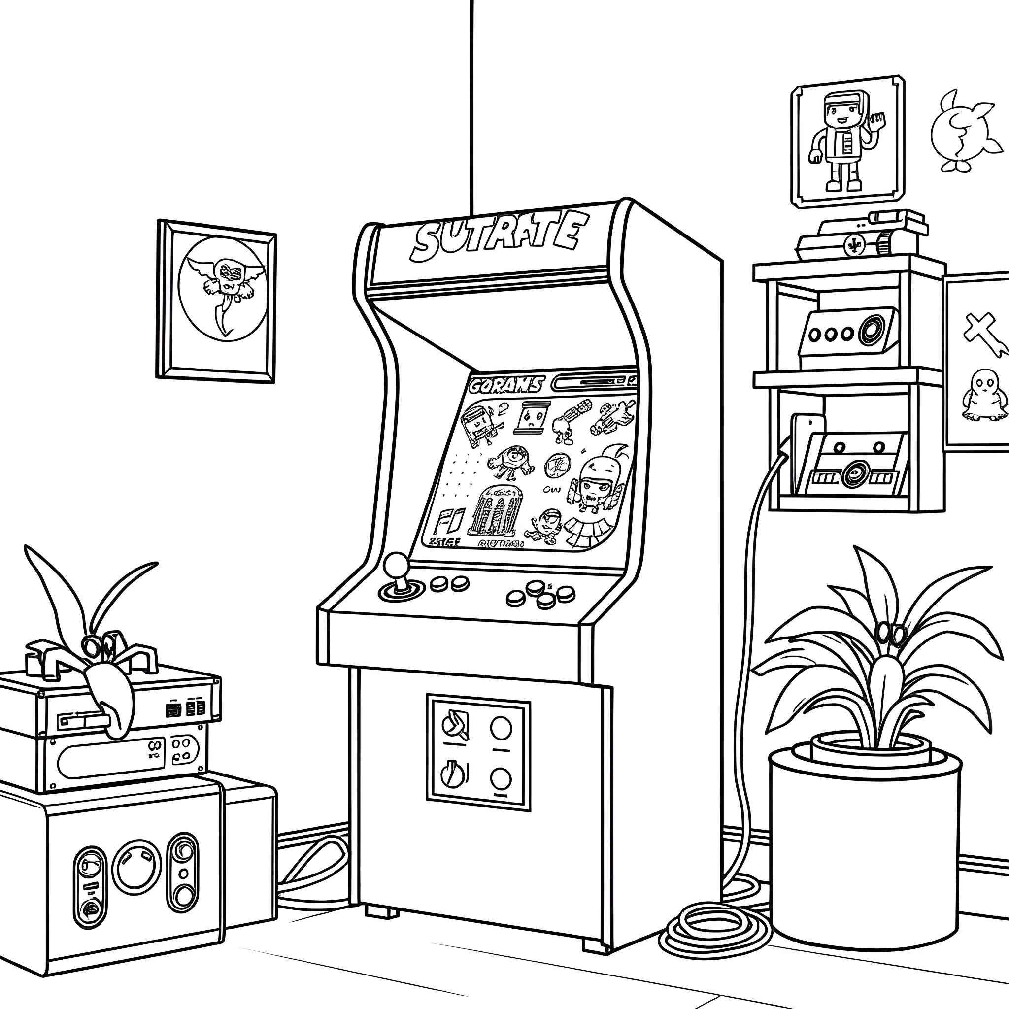 Arcade Machine with Retro Videogame Display Coloring Page (free black-and-white line drawing printable PDF for all, from beginners to advanced learners, including children, teens, adults, and seniors)