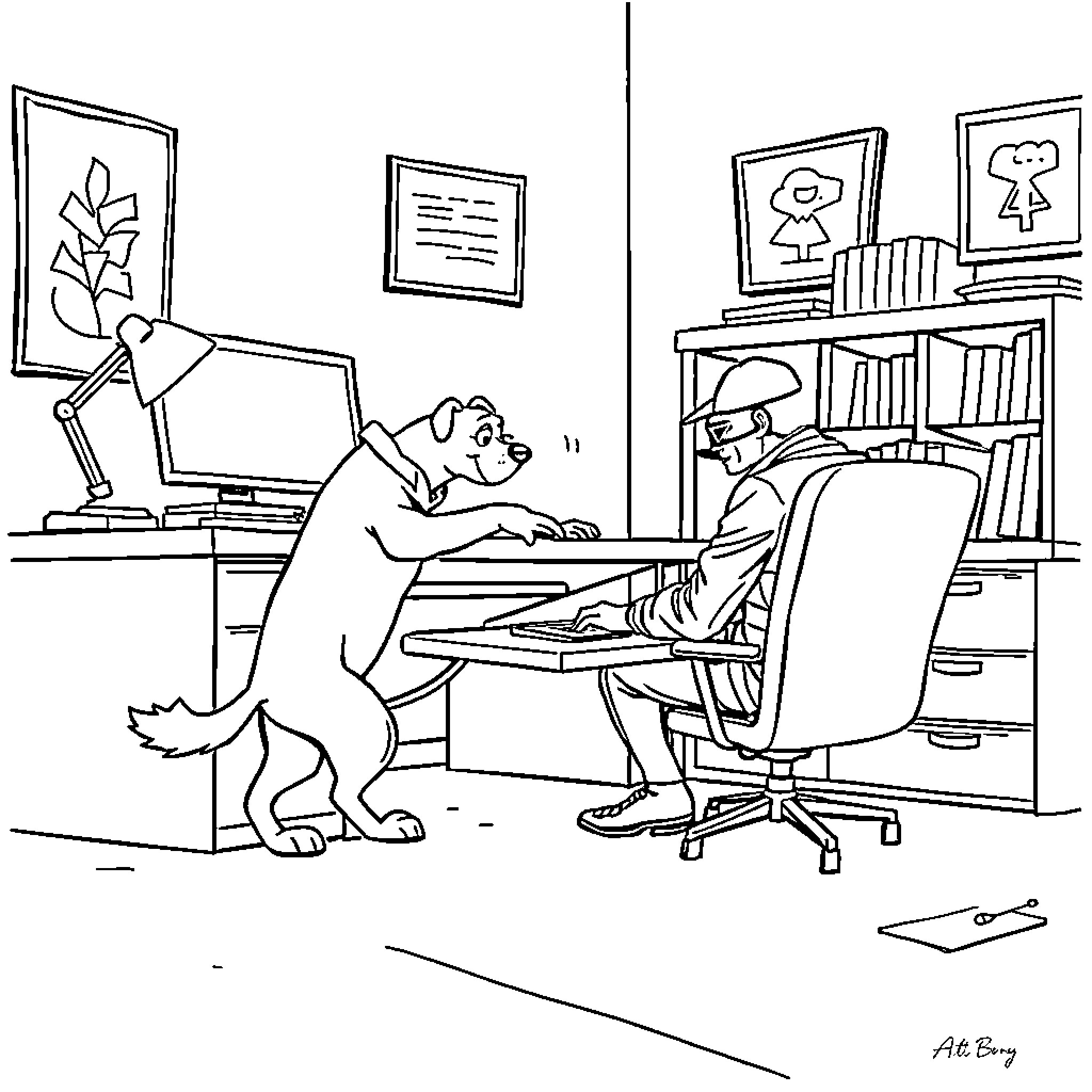 Dog Assisting Human at Work Coloring Page (free black-and-white line drawing printable PDF for all, from beginners to advanced learners, including children, teens, adults, and seniors)