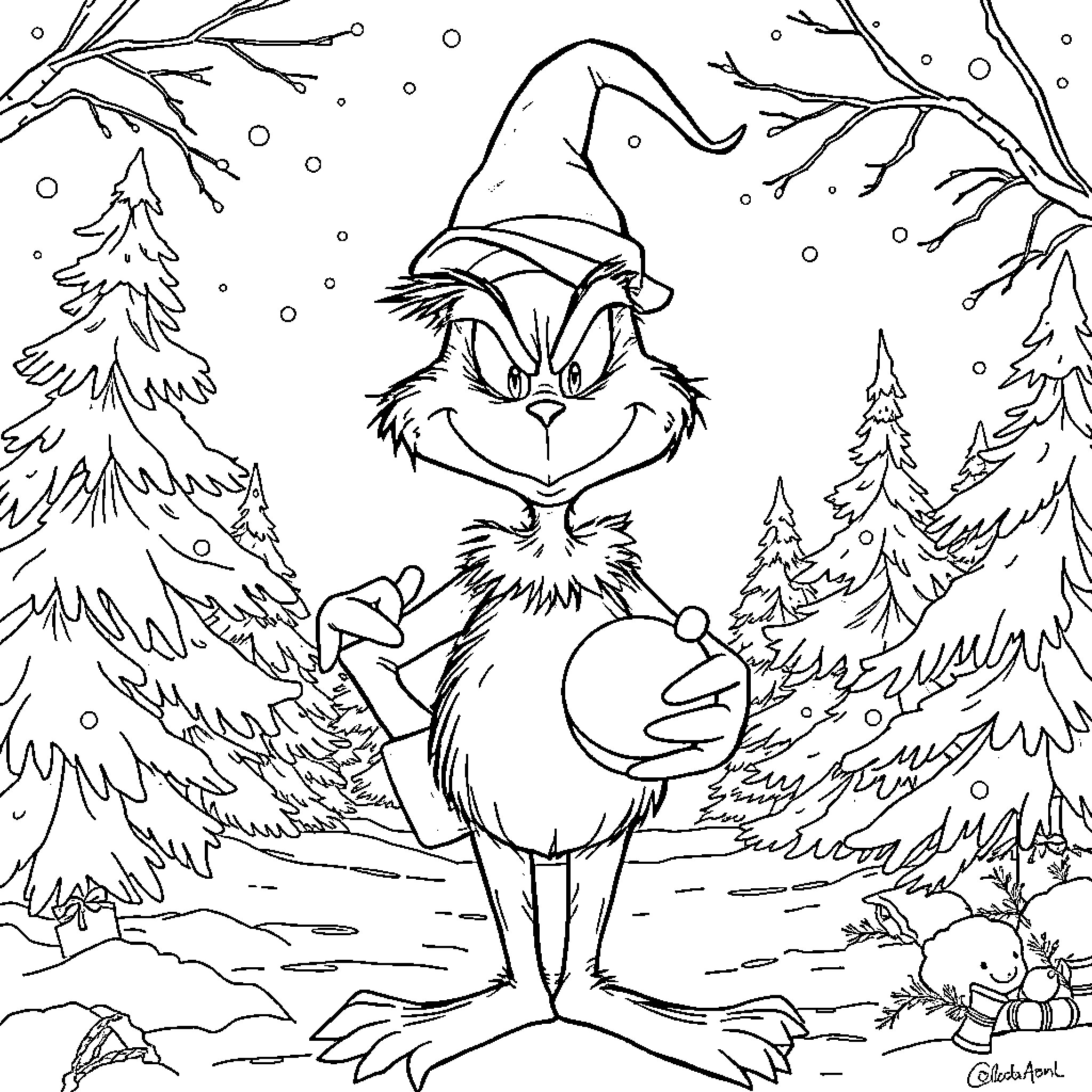 Grinch scowling in a snowy forest Coloring Page (free black-and-white line drawing printable PDF for all, from beginners to advanced learners, including children, teens, adults, and seniors)