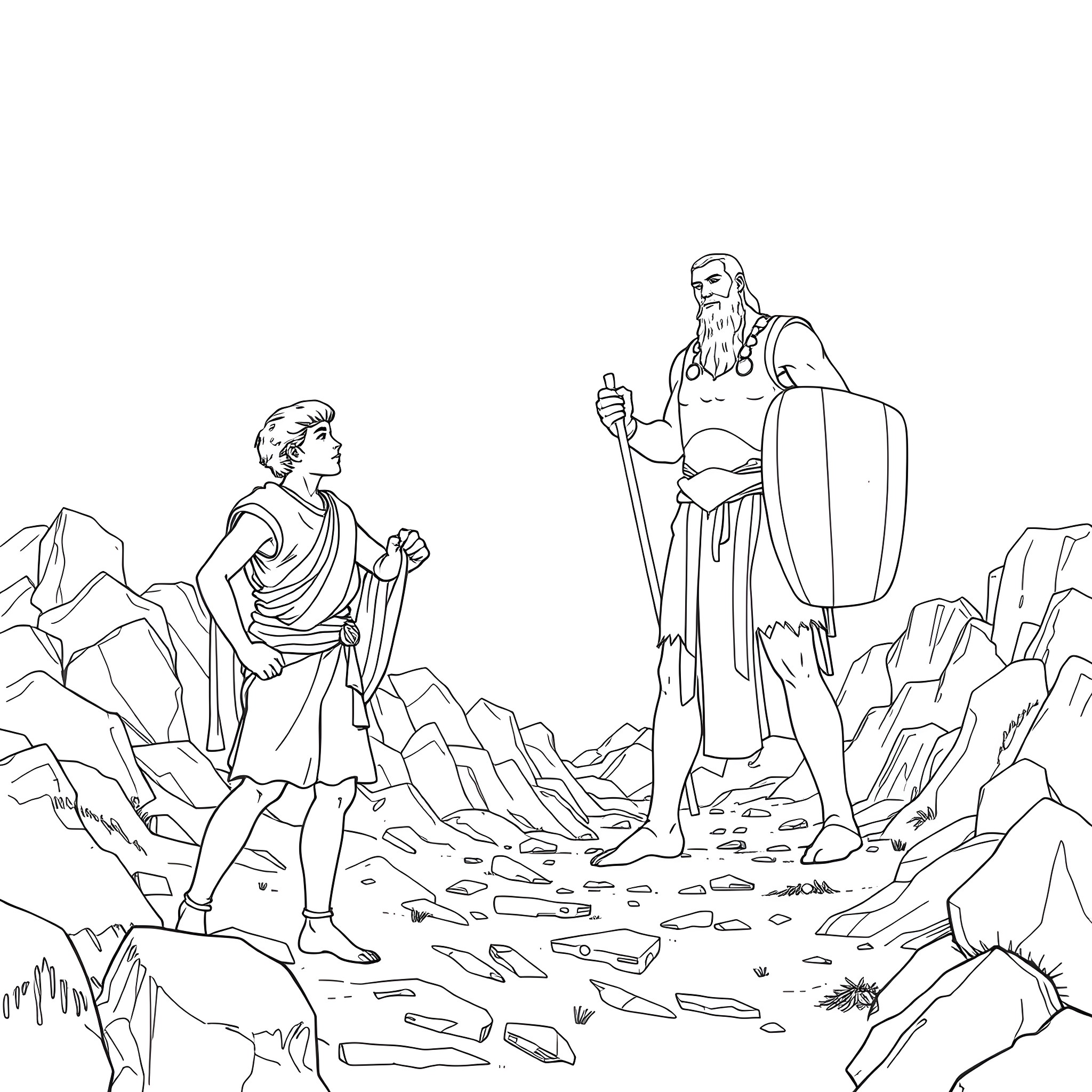 David and Goliath - The Epic Confrontation Coloring Page (free black-and-white line drawing printable PDF for all, from beginners to advanced learners, including children, teens, adults, and seniors)
