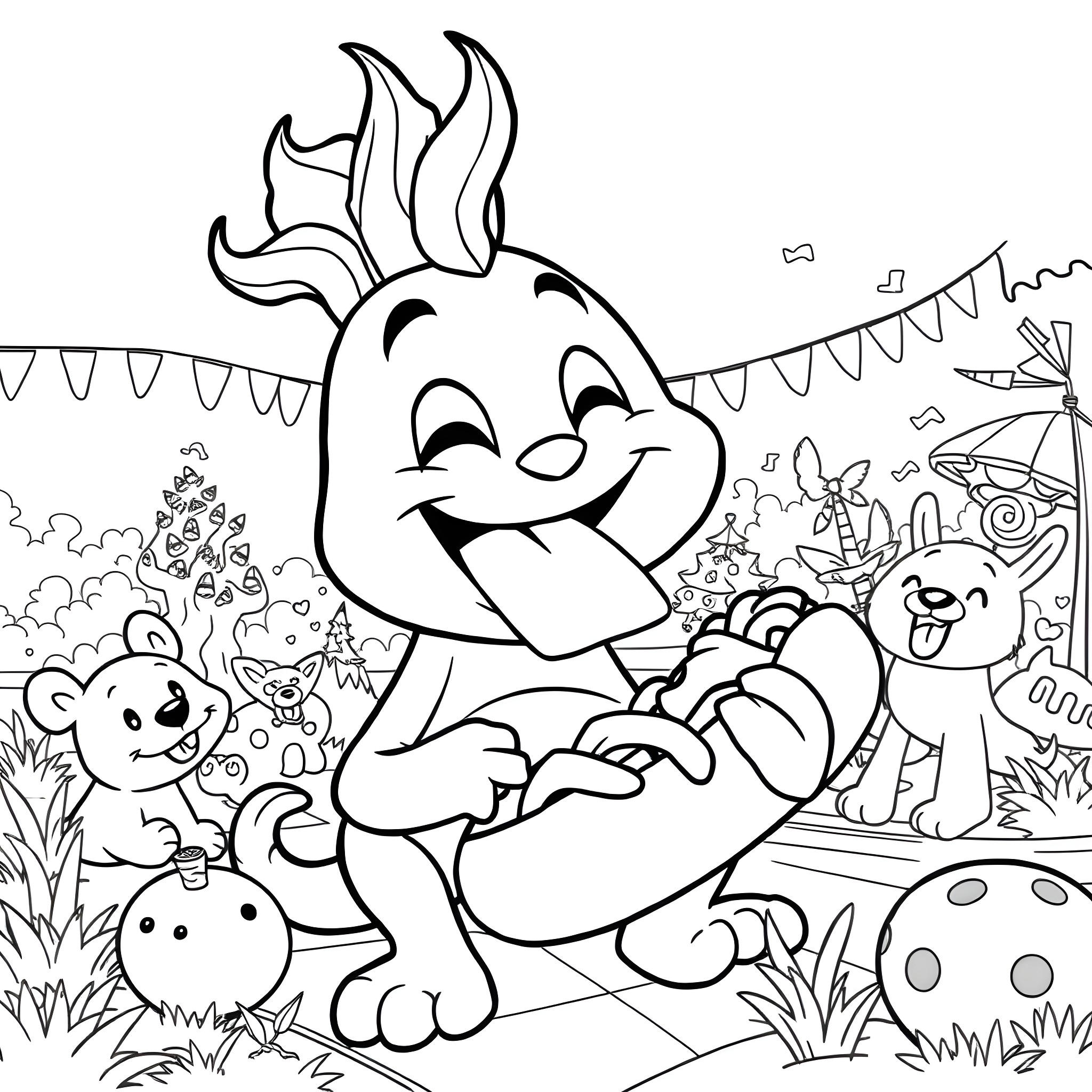 Sprunki's Playful Adventure with Friends at the Park Coloring Page (free black-and-white line drawing printable PDF for all, from beginners to advanced learners, including children, teens, adults, and seniors)
