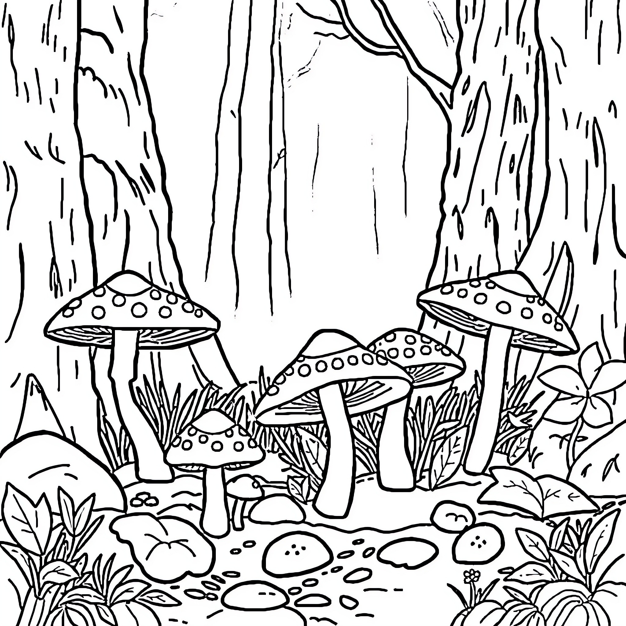 Mushroom forest scene with whimsical fungi Coloring Page (free black-and-white line drawing printable PDF for all, from beginners to advanced learners, including children, teens, adults, and seniors)