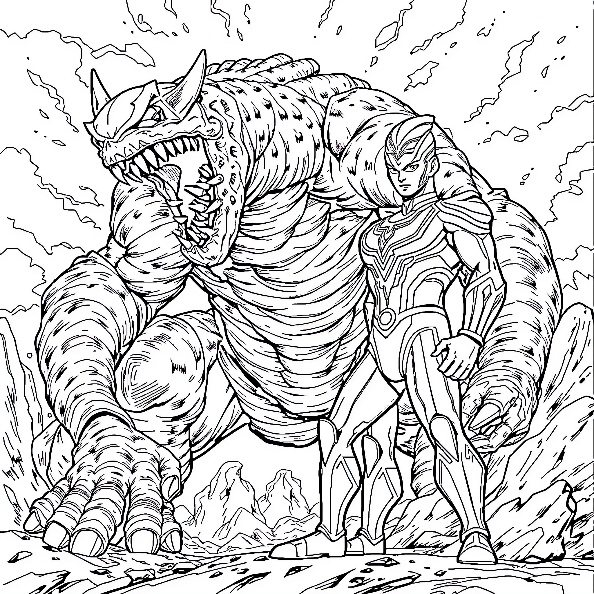 Ultraman facing a monstrous foe in battle Coloring Page (free black-and-white line drawing printable PDF for all, from beginners to advanced learners, including children, teens, adults, and seniors)