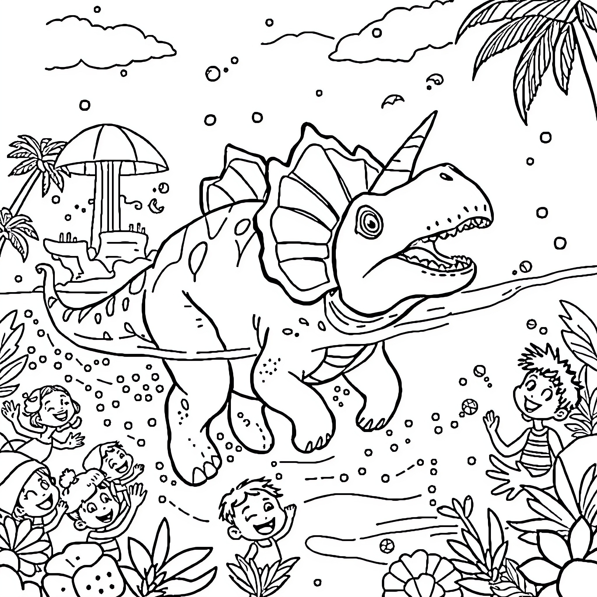 Triceratops enjoying a tropical beach day Coloring Page (free black-and-white line drawing printable PDF for all, from beginners to advanced learners, including children, teens, adults, and seniors)