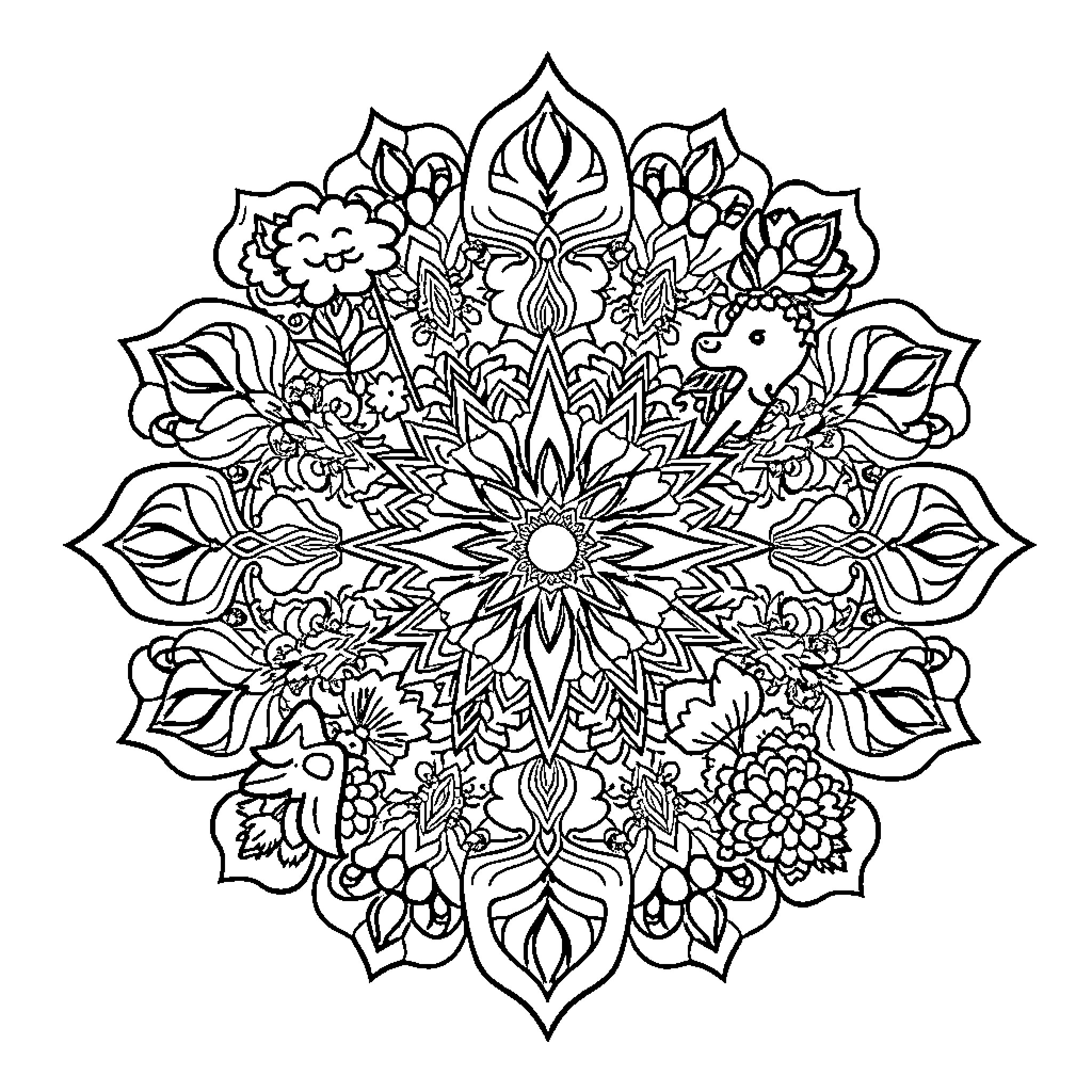 Mandala of intricate floral and geometric patterns Coloring Page (free black-and-white line drawing printable PDF for all, from beginners to advanced learners, including children, teens, adults, and seniors)