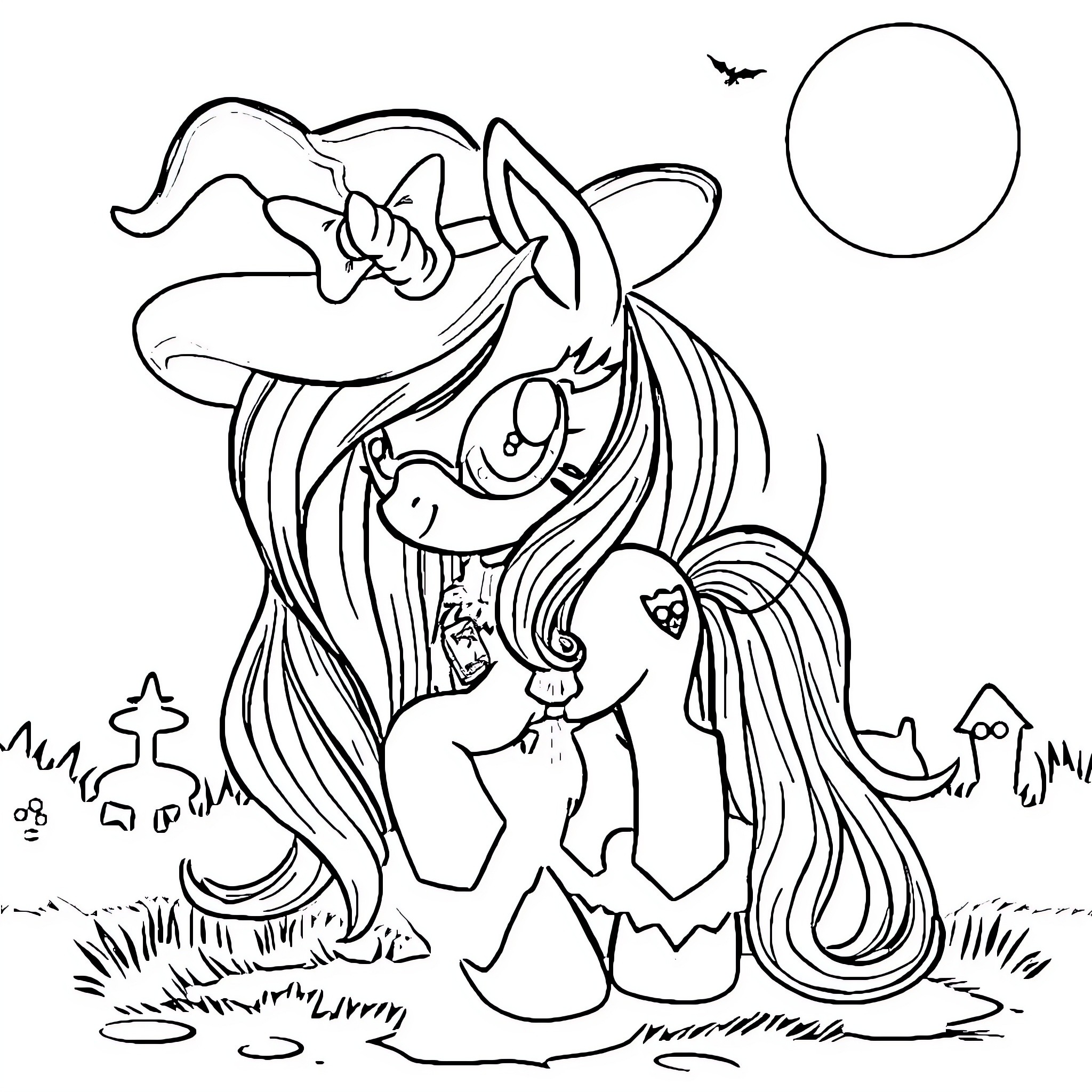 Pony wearing a witch hat in a spooky scene Coloring Page (free black-and-white line drawing printable PDF for all, from beginners to advanced learners, including children, teens, adults, and seniors)