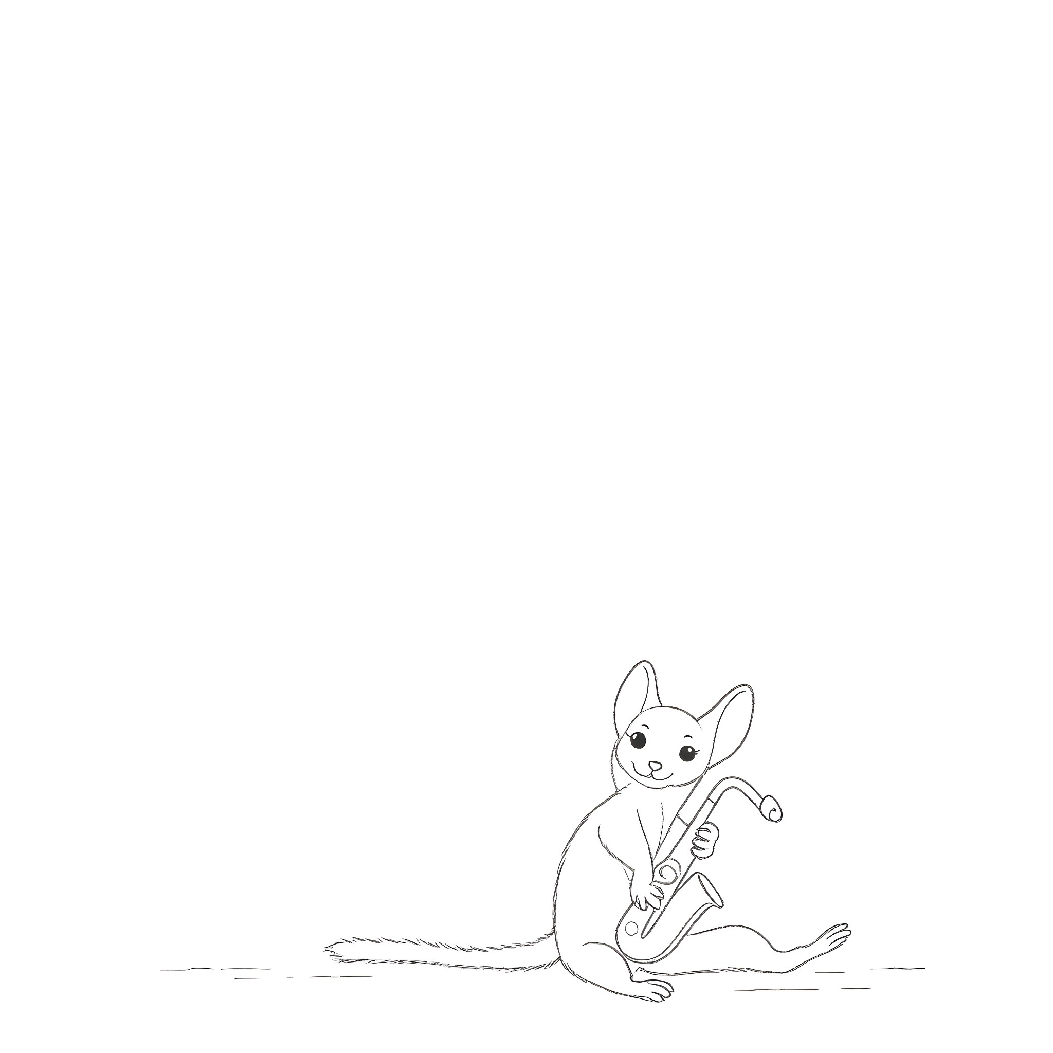 Weasel playing with saxophone in simple sketch Coloring Page (free black-and-white line drawing printable PDF for all, from beginners to advanced learners, including children, teens, adults, and seniors)