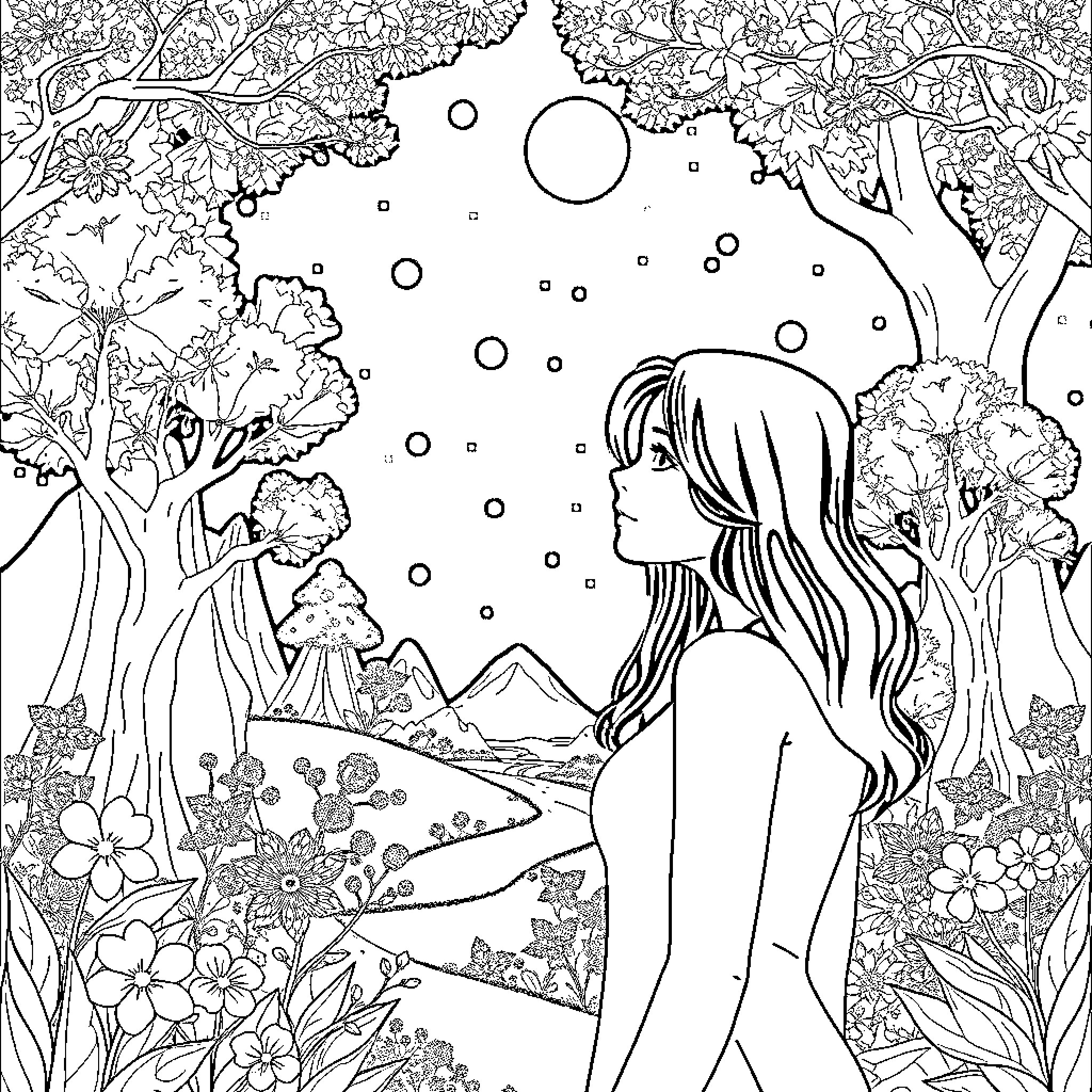 Alice gazes upon the night sky in a whimsical garden Coloring Page (free black-and-white line drawing printable PDF for all, from beginners to advanced learners, including children, teens, adults, and seniors)