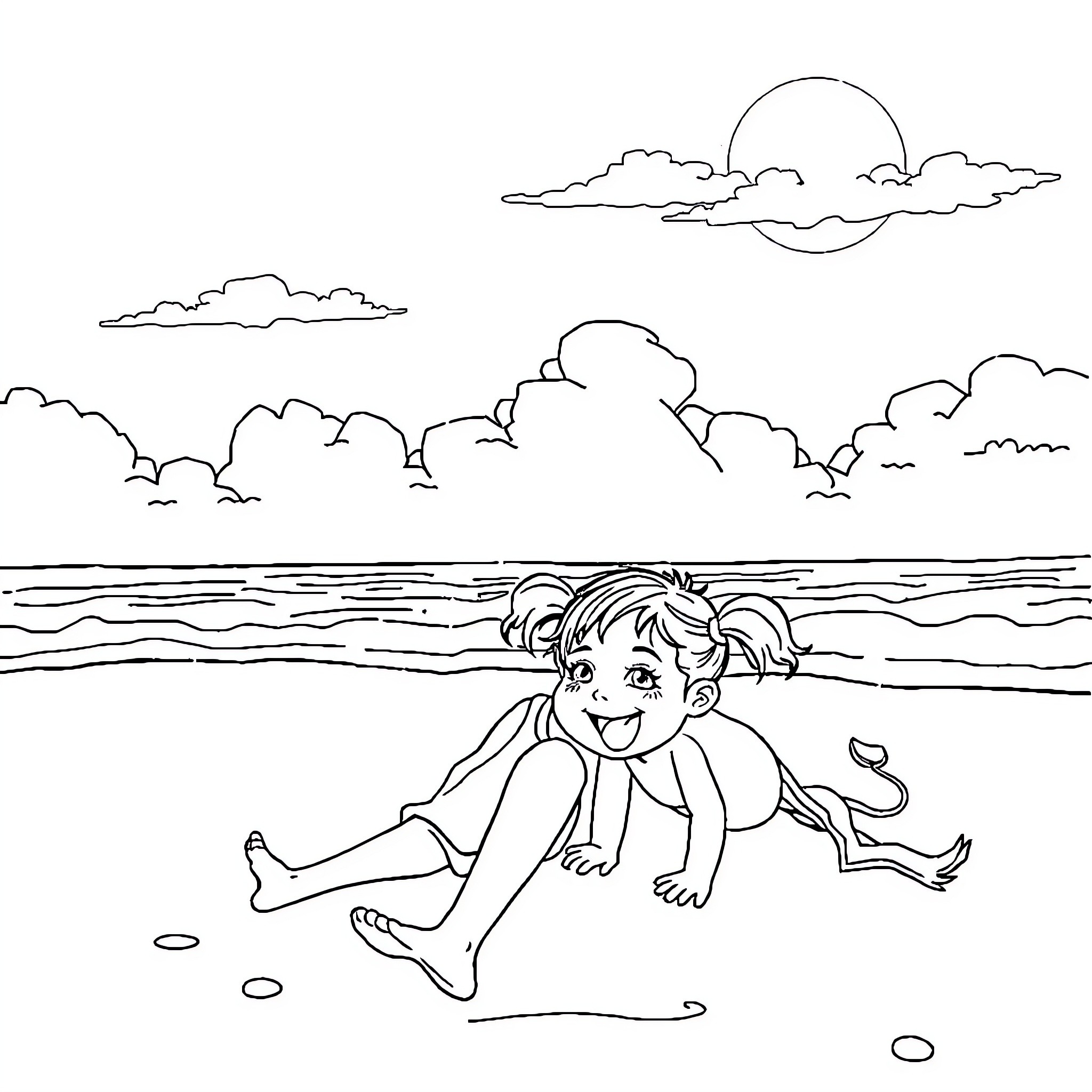 Balita: Girl playing happily on the beach Coloring Page (free black-and-white line drawing printable PDF for all, from beginners to advanced learners, including children, teens, adults, and seniors)