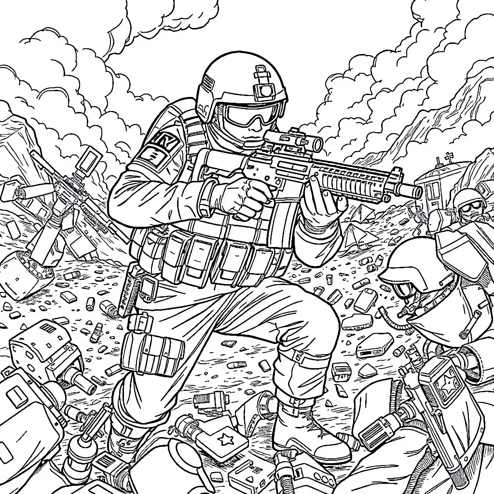 Soldier in intense combat scenario Coloring Page (free black-and-white line drawing printable PDF for all, from beginners to advanced learners, including children, teens, adults, and seniors)