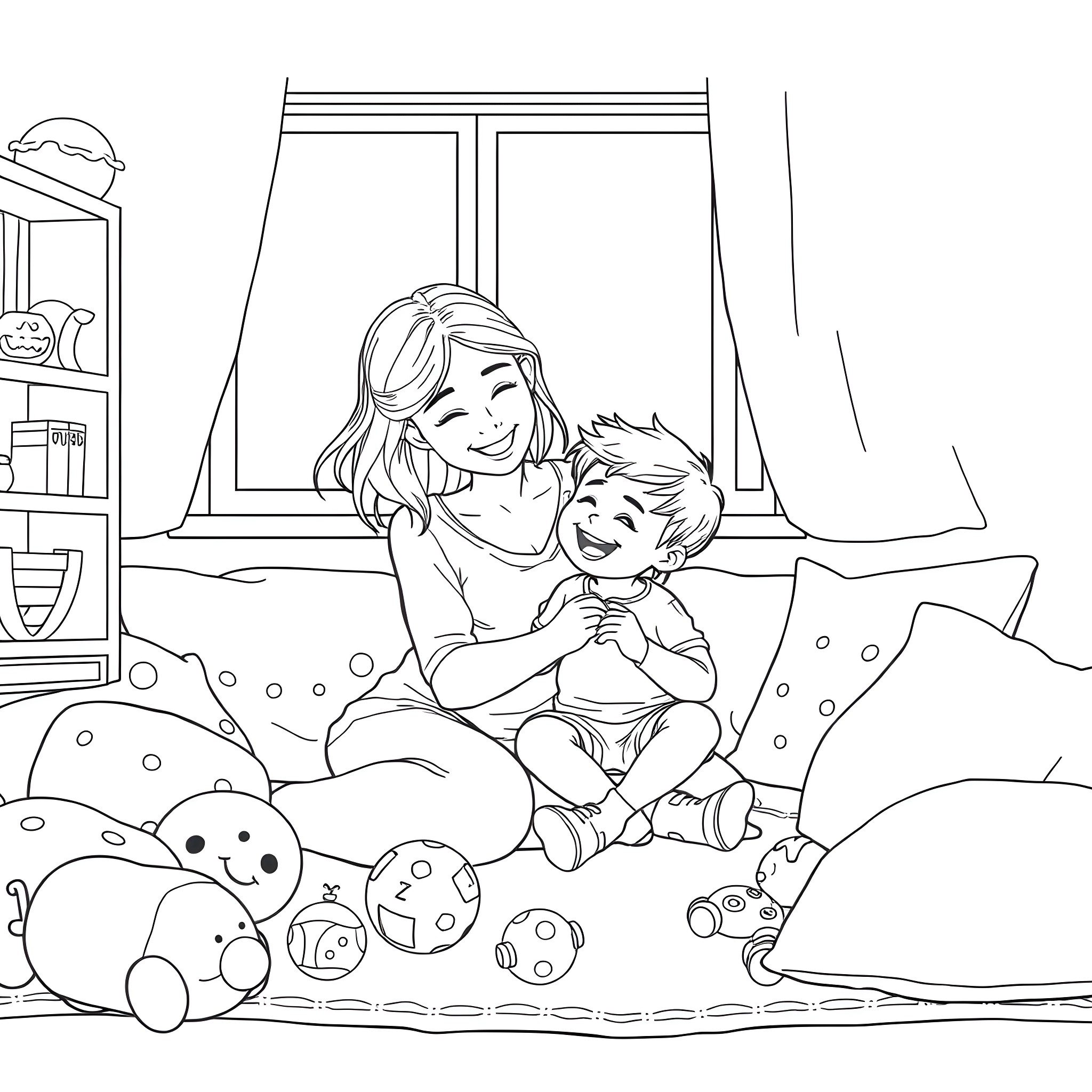 Mother and child playing with toys at home Coloring Page (free black-and-white line drawing printable PDF for all, from beginners to advanced learners, including children, teens, adults, and seniors)