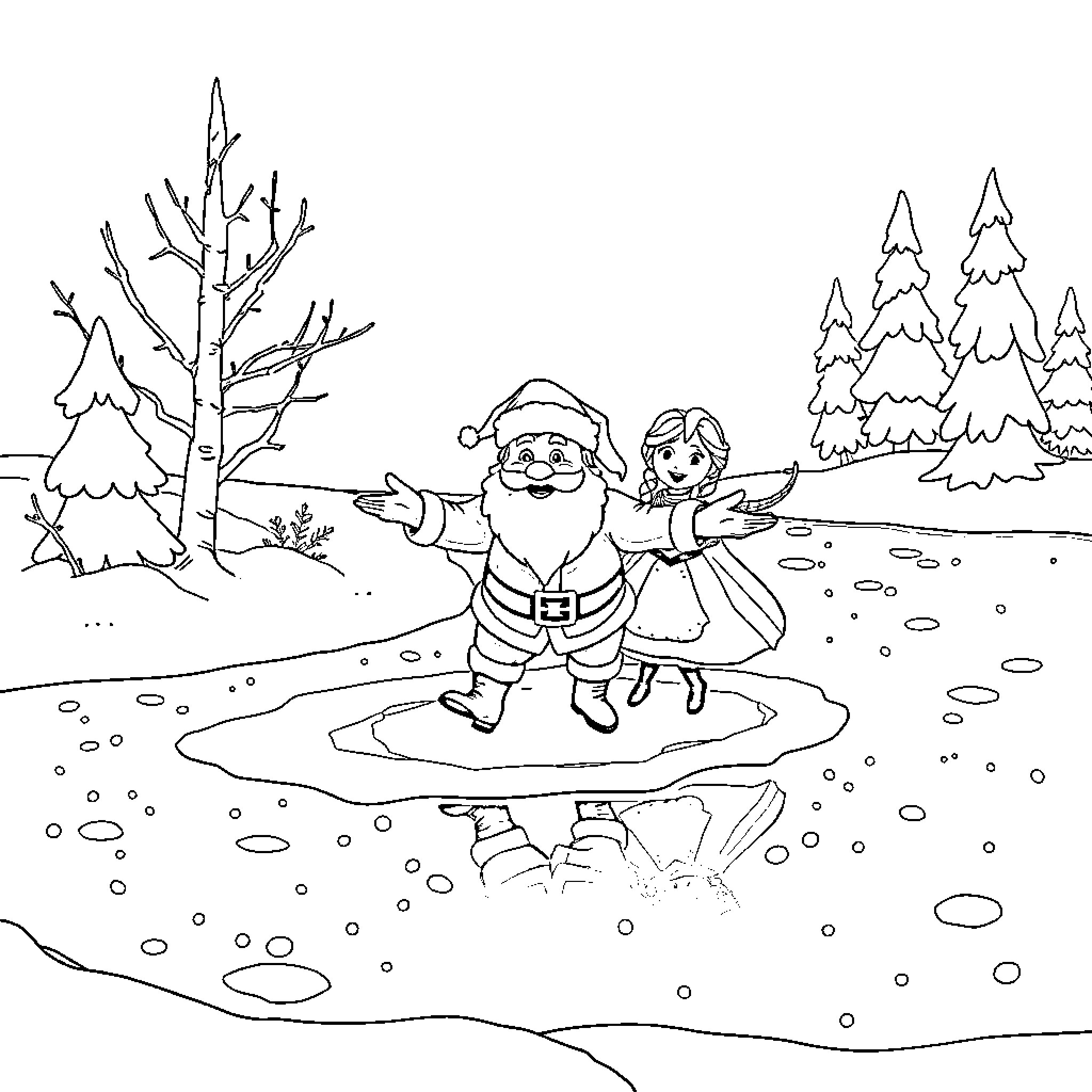 Santa Claus playing with elf in the winter wonderland Coloring Page (free black-and-white line drawing printable PDF for all, from beginners to advanced learners, including children, teens, adults, and seniors)