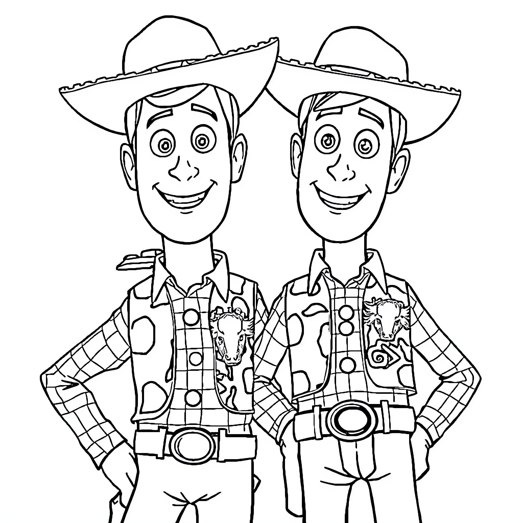 Woody and Jesse enjoying their western attire Coloring Page (free black-and-white line drawing printable PDF for all, from beginners to advanced learners, including children, teens, adults, and seniors)