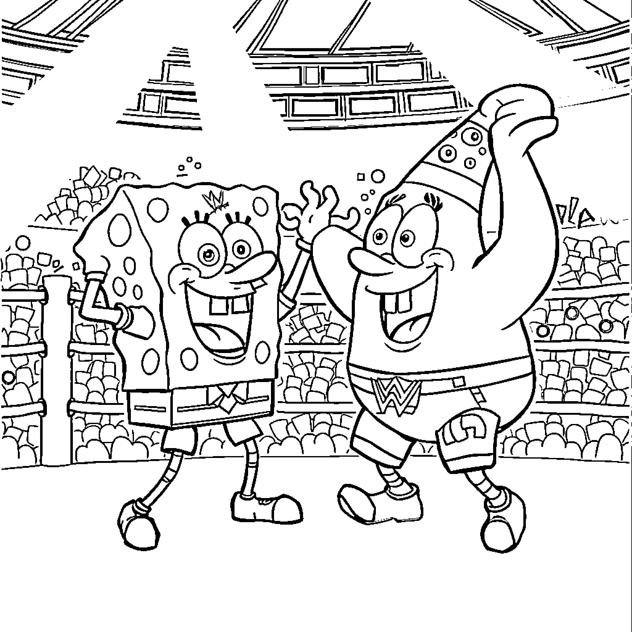 Spongebob and Patrick having fun in the underwater town Coloring Page (free black-and-white line drawing printable PDF for all, from beginners to advanced learners, including children, teens, adults, and seniors)