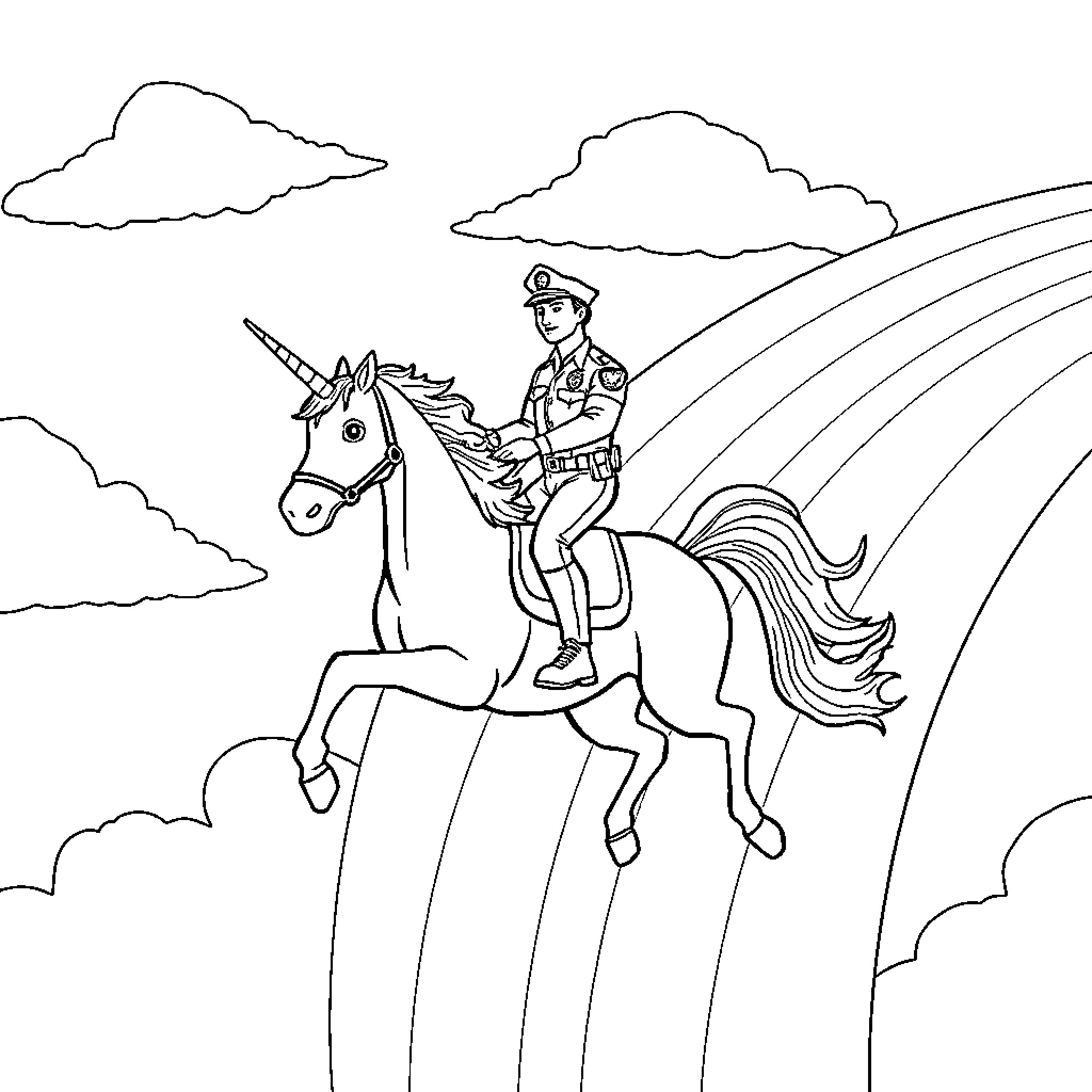 Police Officer Riding Unicorn Through Cloudy Skies Coloring Page (free black-and-white line drawing printable PDF for all, from beginners to advanced learners, including children, teens, adults, and seniors)