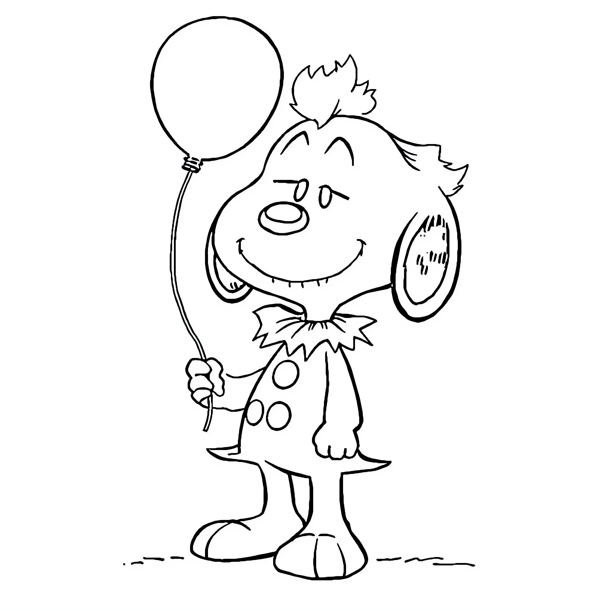 Snoopy the clown with a balloon Coloring Page (free black-and-white line drawing printable PDF for all, from beginners to advanced learners, including children, teens, adults, and seniors)