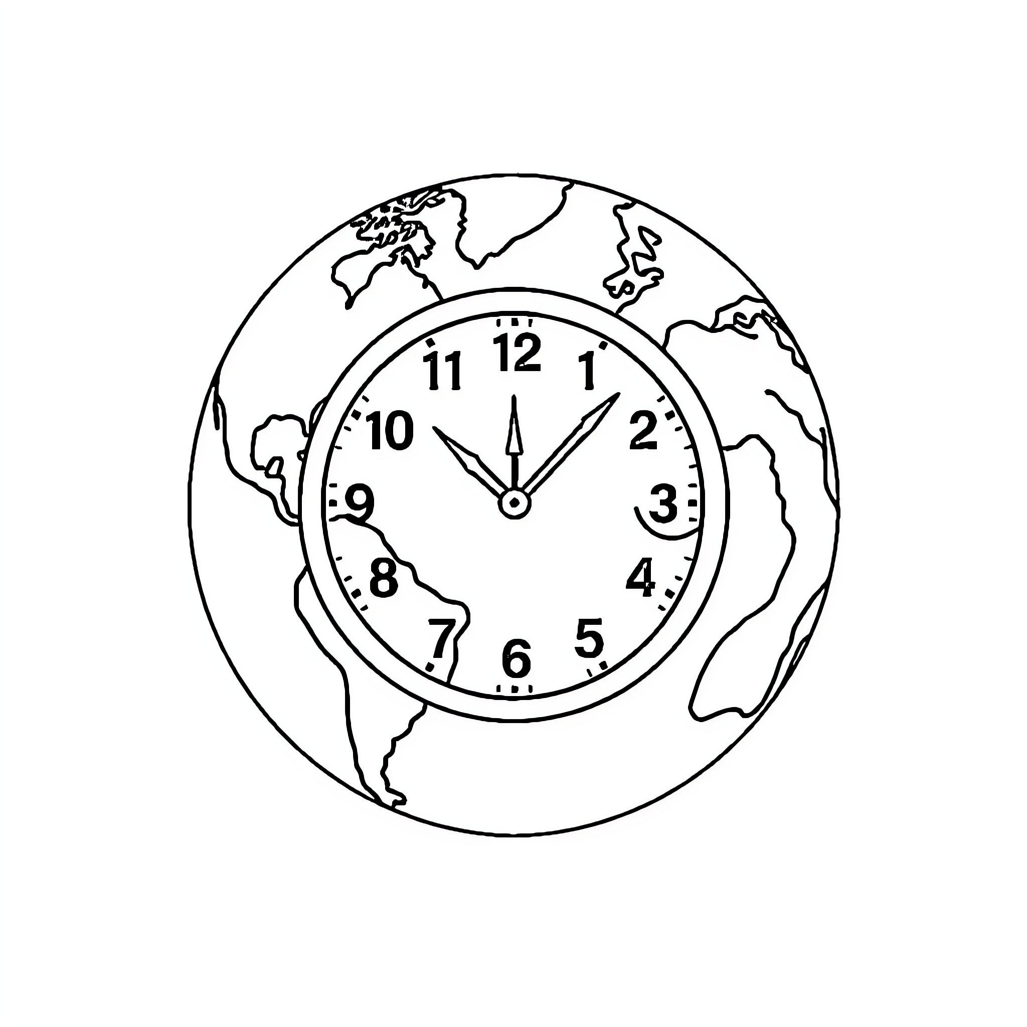 Clock showing global time on world map Coloring Page (free black-and-white line drawing printable PDF for all, from beginners to advanced learners, including children, teens, adults, and seniors)
