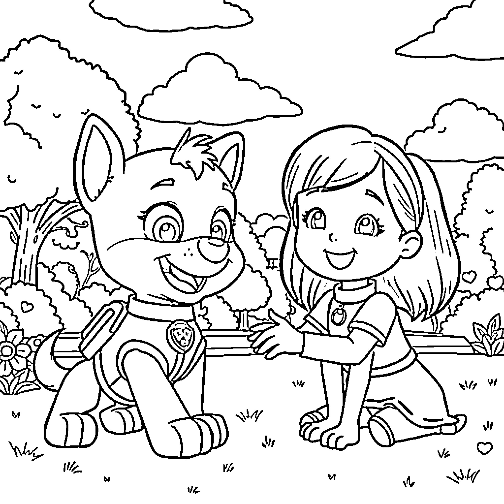 Skye and young girl enjoying the outdoors Coloring Page (free black-and-white line drawing printable PDF for all, from beginners to advanced learners, including children, teens, adults, and seniors)
