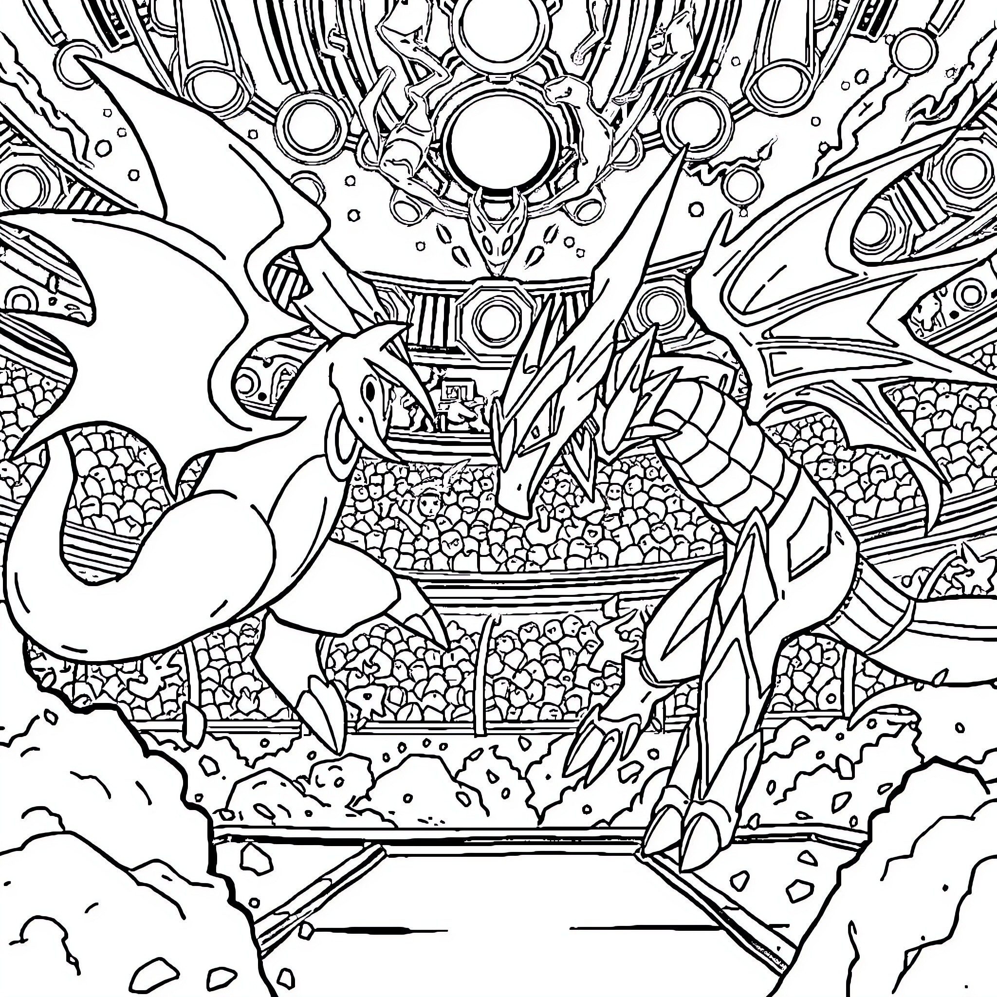Pokémon Cosmic Creatures Battling in Surreal Landscape Coloring Page (free black-and-white line drawing printable PDF for all, from beginners to advanced learners, including children, teens, adults, and seniors)