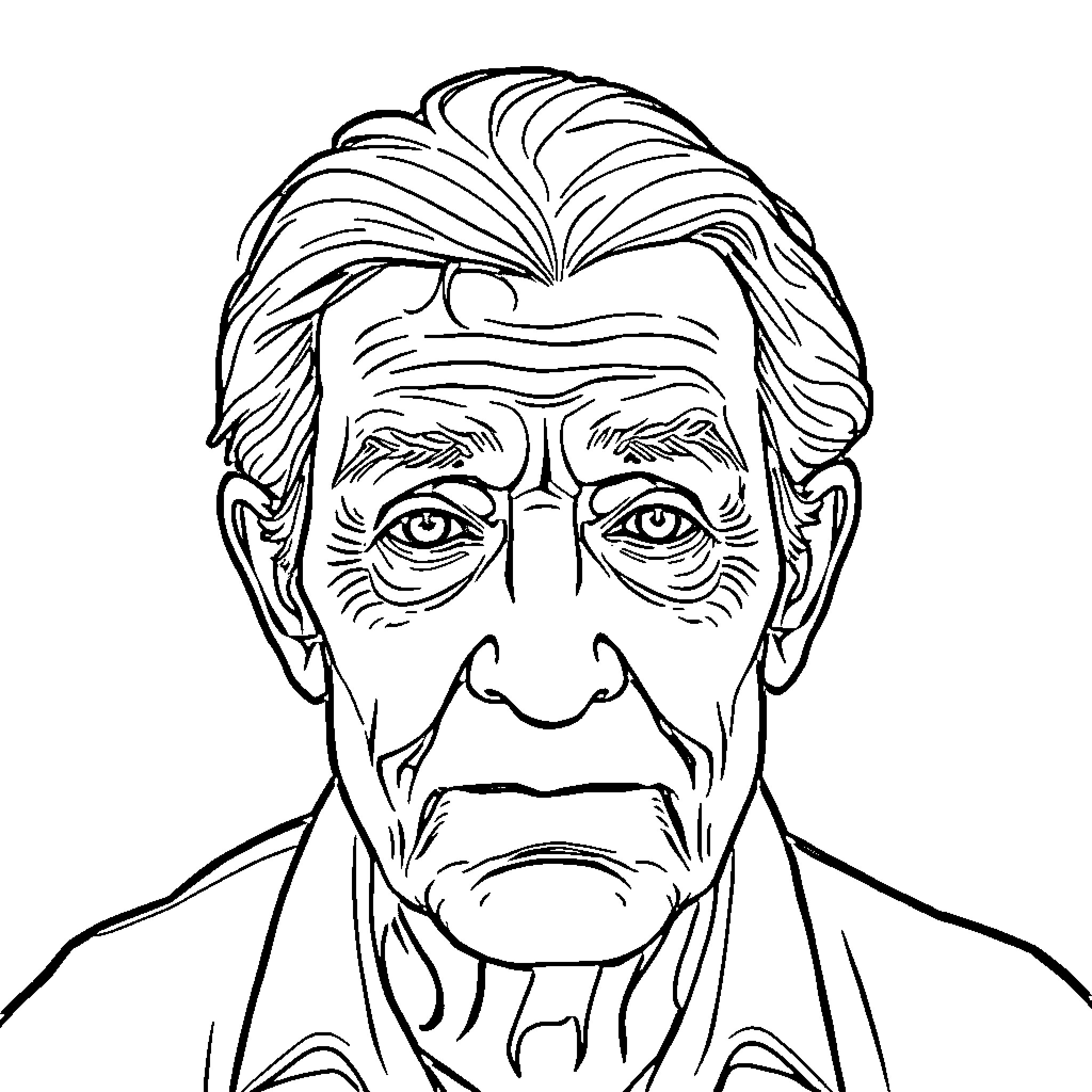 Senior Man's Thoughtful Expression Coloring Page (free black-and-white line drawing printable PDF for all, from beginners to advanced learners, including children, teens, adults, and seniors)