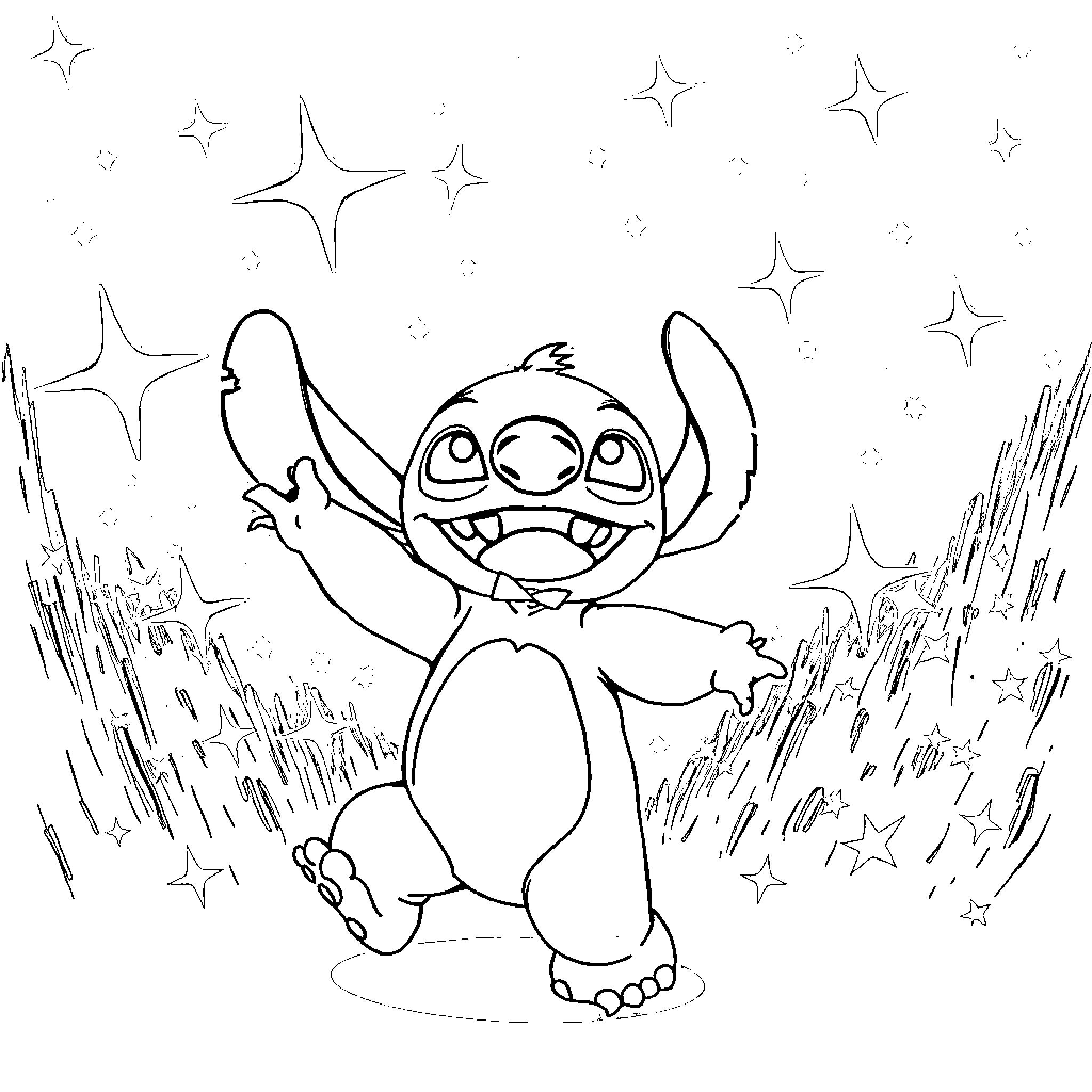 Stitch playing joyfully among the stars Coloring Page (free black-and-white line drawing printable PDF for all, from beginners to advanced learners, including children, teens, adults, and seniors)