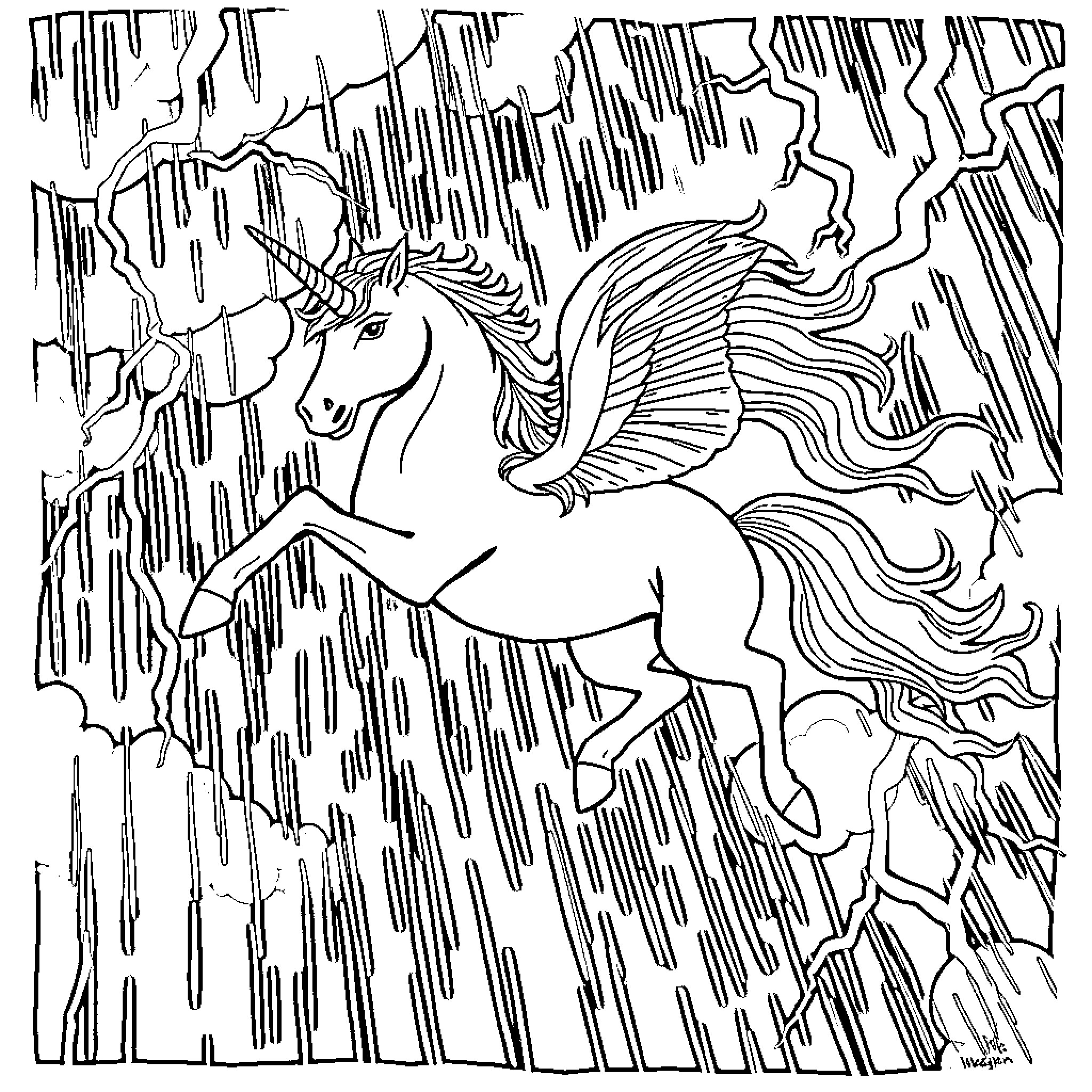 Unicorn galloping through magical forest Coloring Page (free black-and-white line drawing printable PDF for all, from beginners to advanced learners, including children, teens, adults, and seniors)