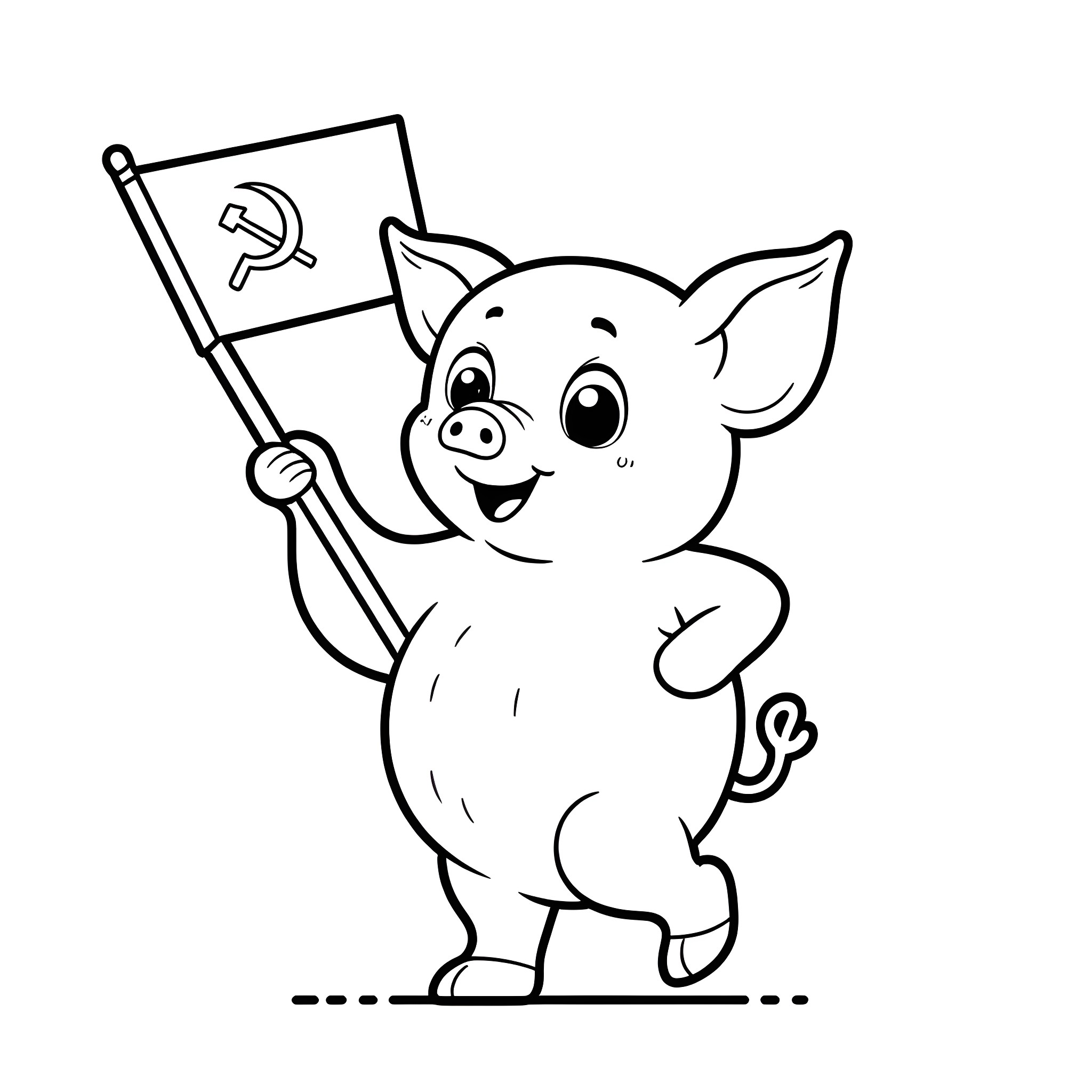 Pig proudly holding a flag Coloring Page (free black-and-white line drawing printable PDF for all, from beginners to advanced learners, including children, teens, adults, and seniors)