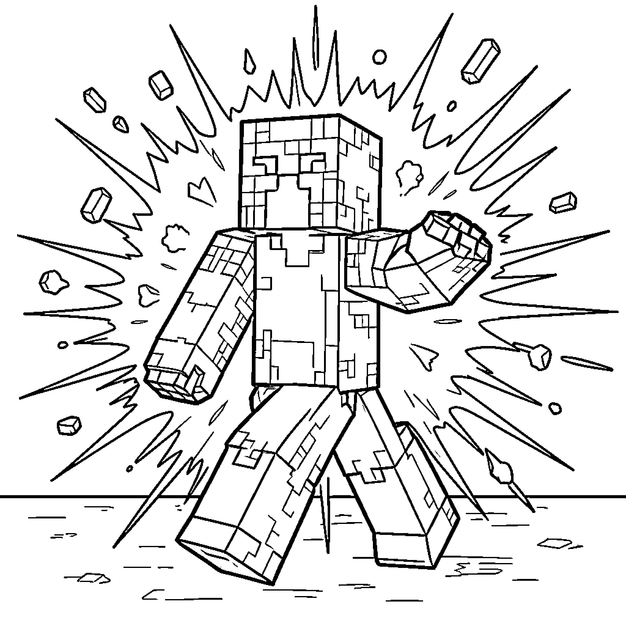 Creeper walking amidst a powerful explosion effect Coloring Page (free black-and-white line drawing printable PDF for all, from beginners to advanced learners, including children, teens, adults, and seniors)
