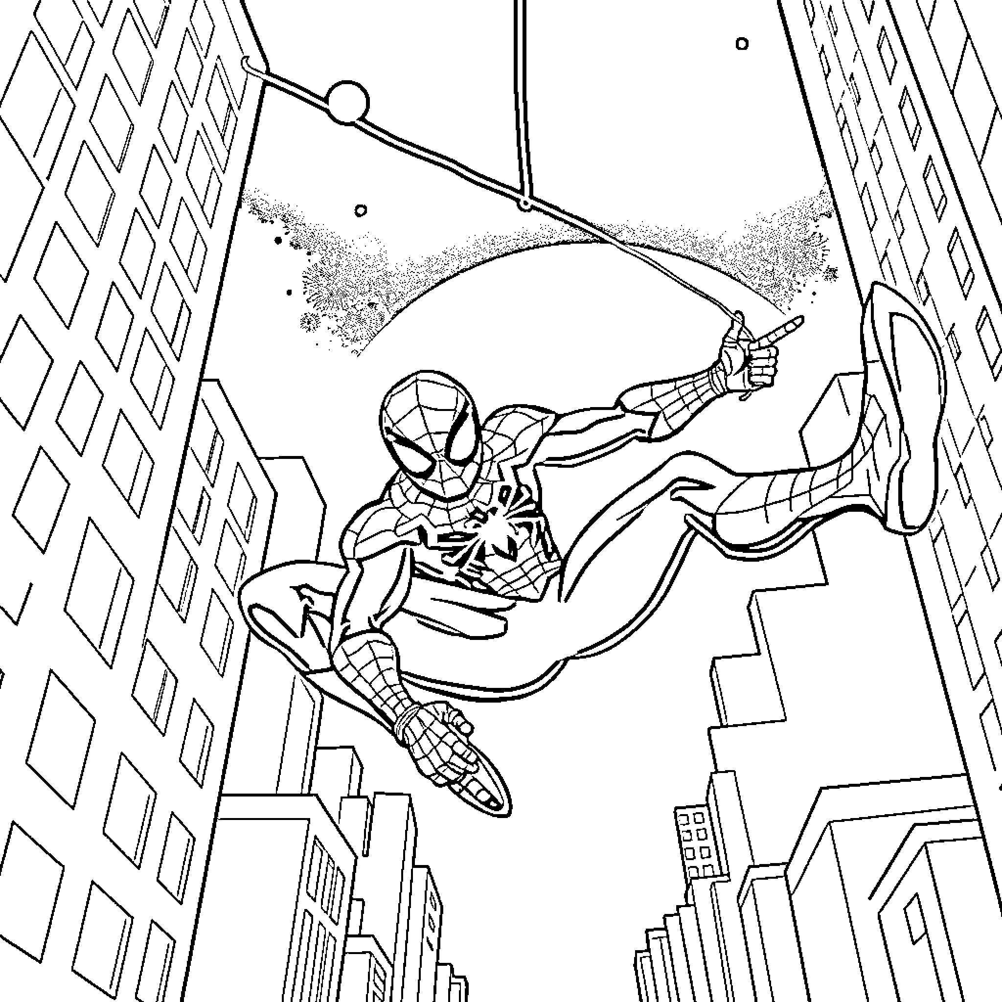 Spiderman swinging through the city skyline Coloring Page (free black-and-white line drawing printable PDF for all, from beginners to advanced learners, including children, teens, adults, and seniors)