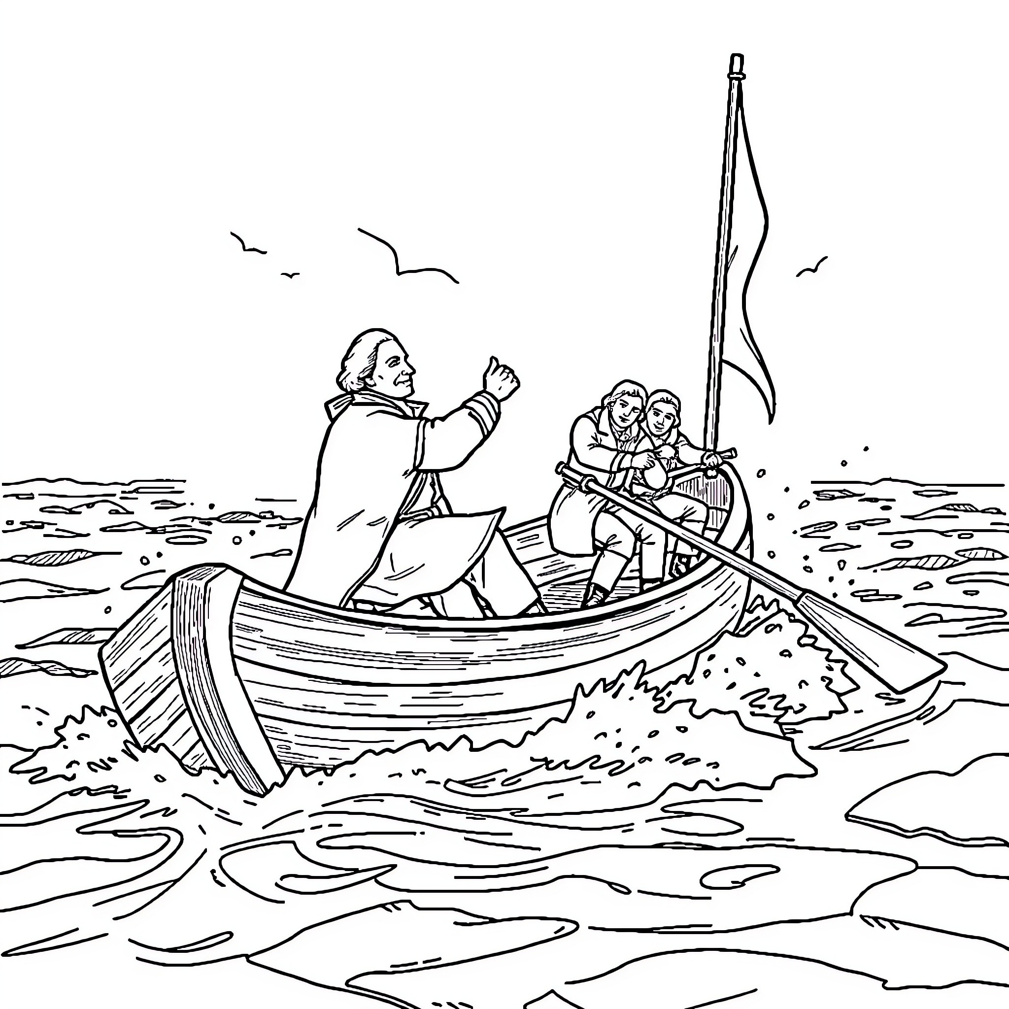 George Washington Leading a Crew on a Boat at Sea Coloring Page (free black-and-white line drawing printable PDF for all, from beginners to advanced learners, including children, teens, adults, and seniors)
