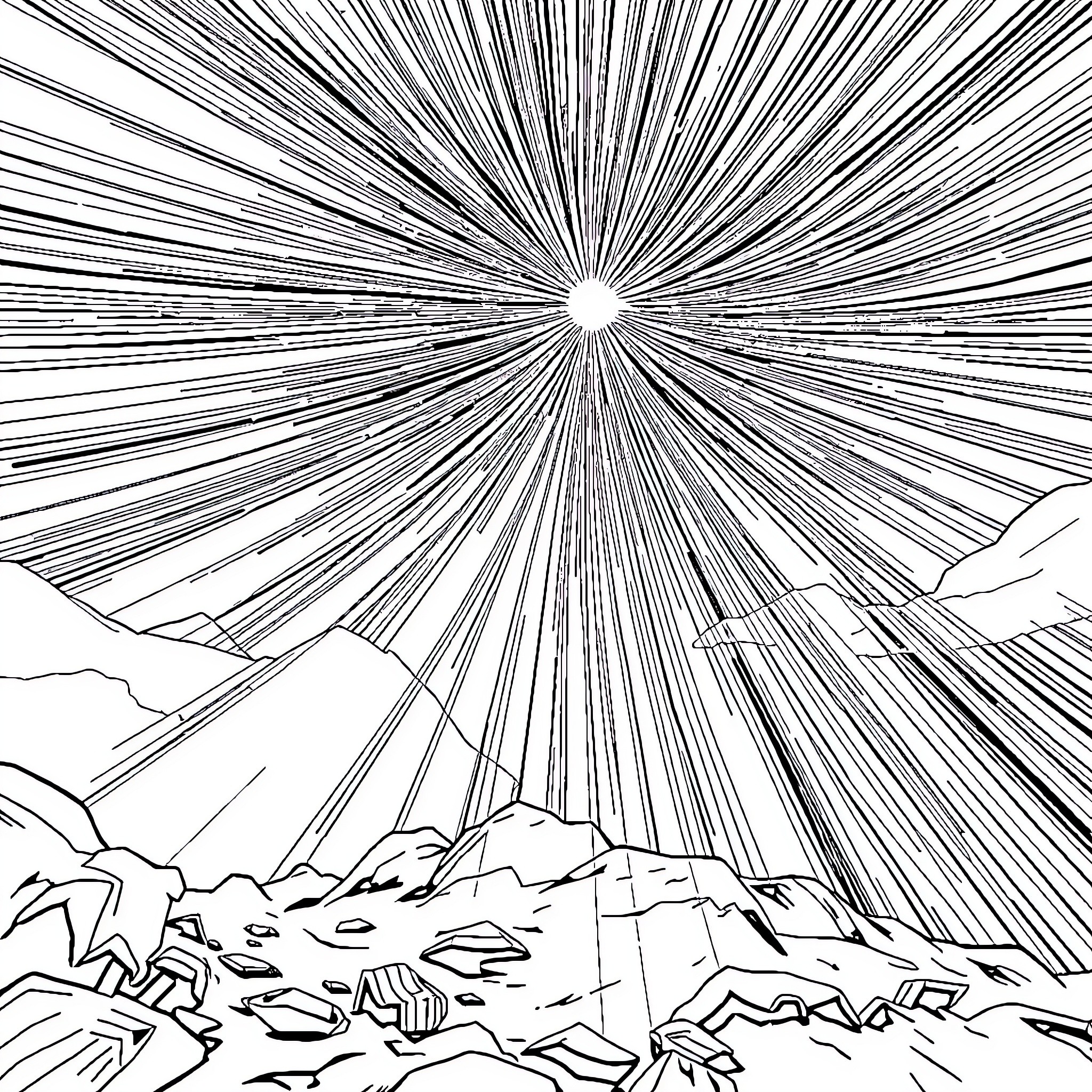 Laser-Powered Cosmic Landscape Coloring Page (free black-and-white line drawing printable PDF for all, from beginners to advanced learners, including children, teens, adults, and seniors)