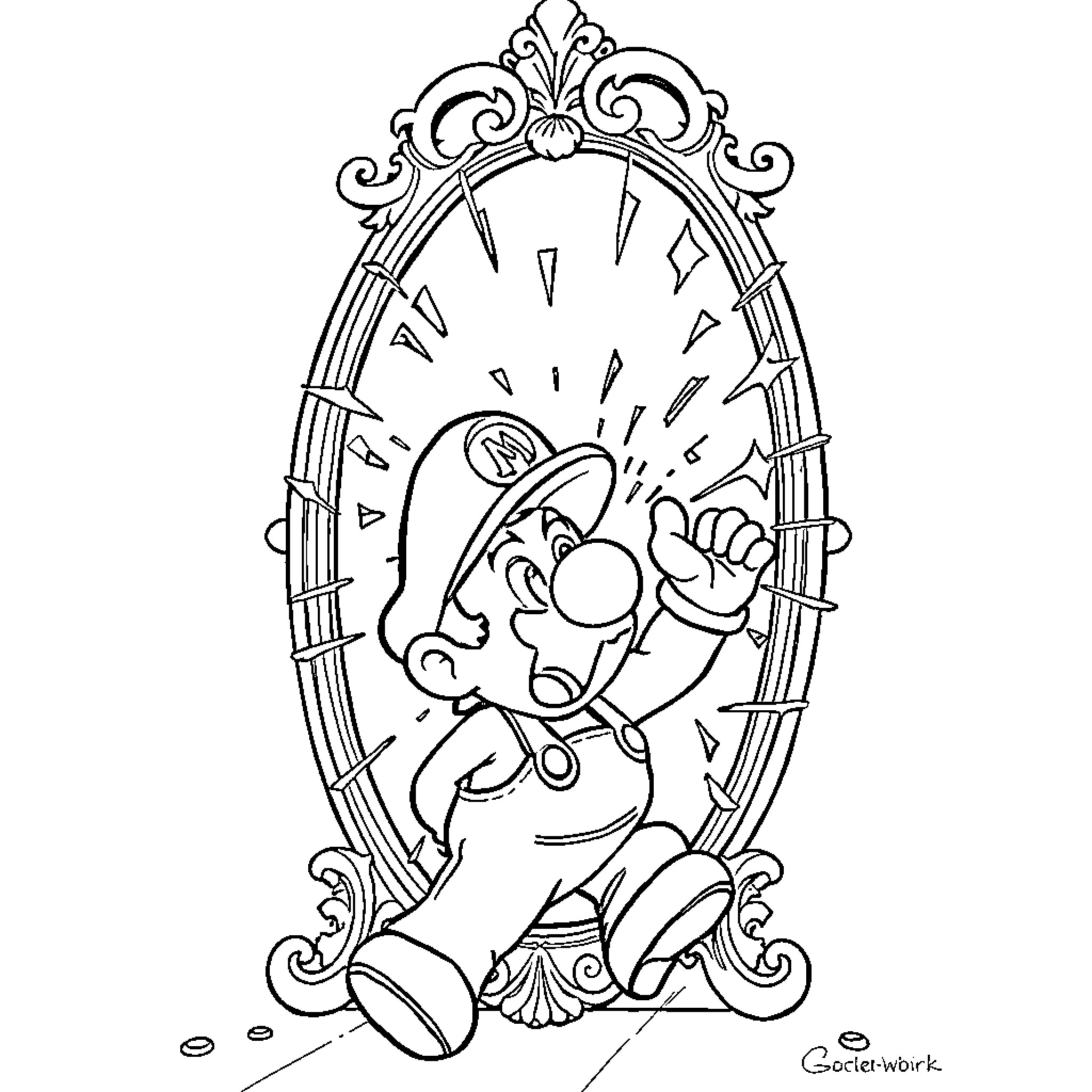Mario's Fantastical Reflection Coloring Page (free black-and-white line drawing printable PDF for all, from beginners to advanced learners, including children, teens, adults, and seniors)
