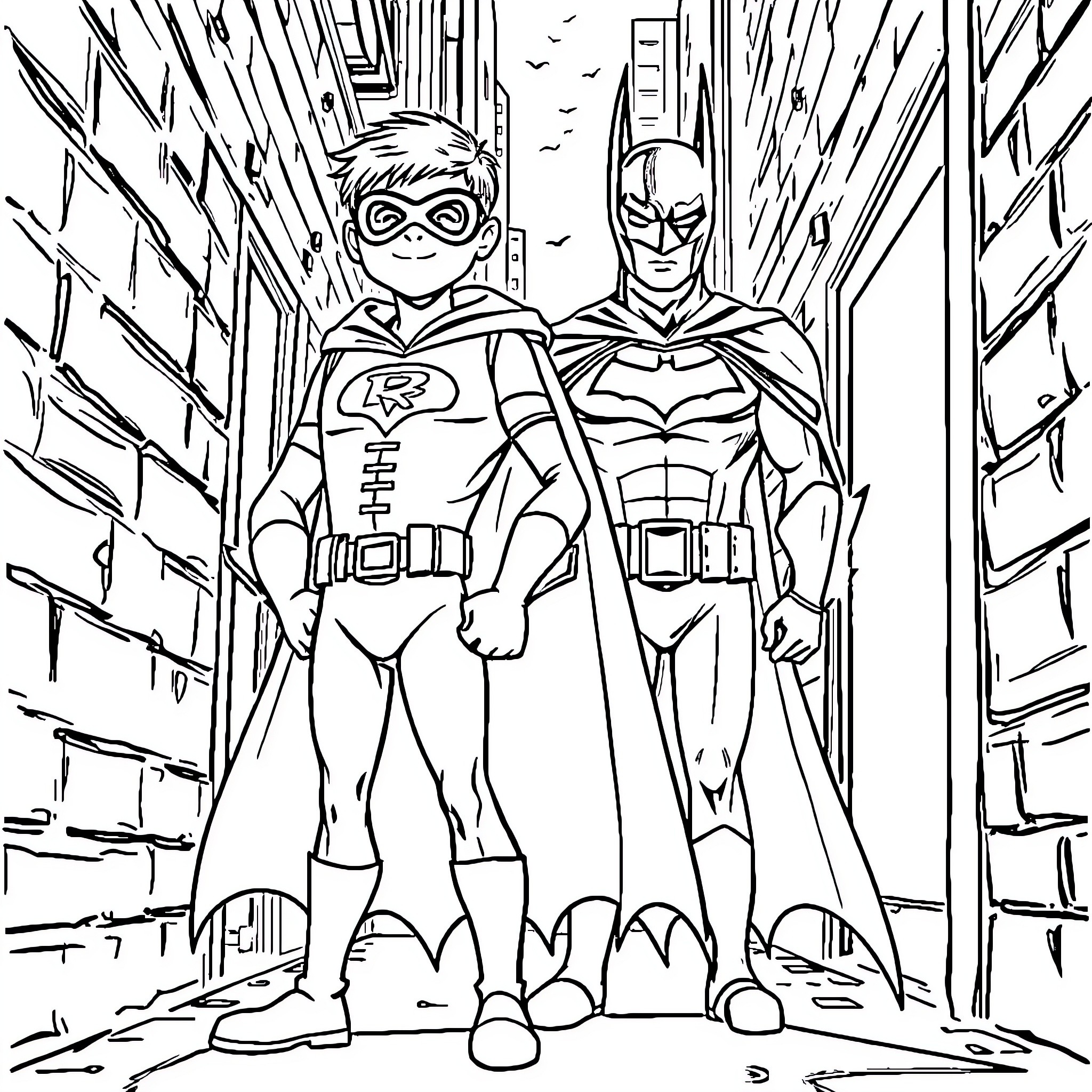 Robin and Batman Battling Villains in the City Coloring Page (free black-and-white line drawing printable PDF for all, from beginners to advanced learners, including children, teens, adults, and seniors)