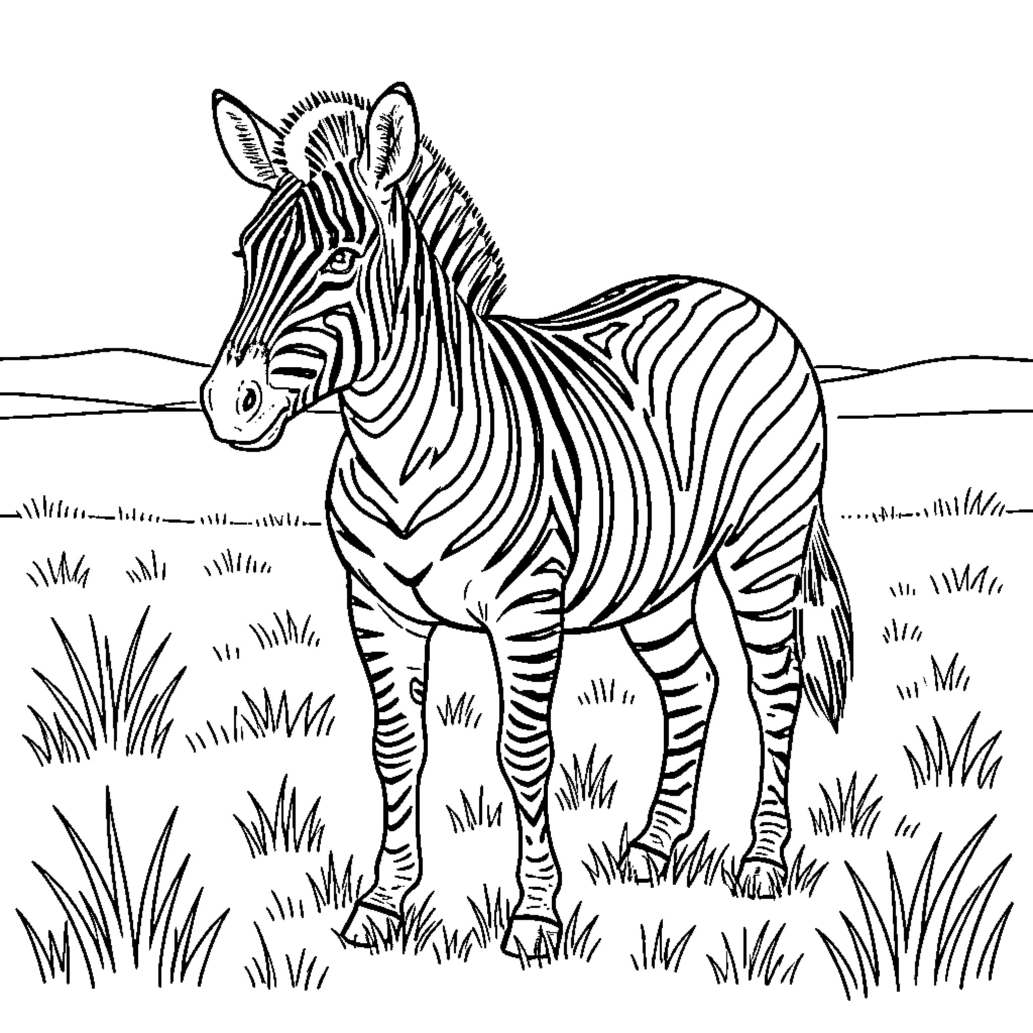 Zebra standing calmly in a grassy field Coloring Page (free black-and-white line drawing printable PDF for all, from beginners to advanced learners, including children, teens, adults, and seniors)