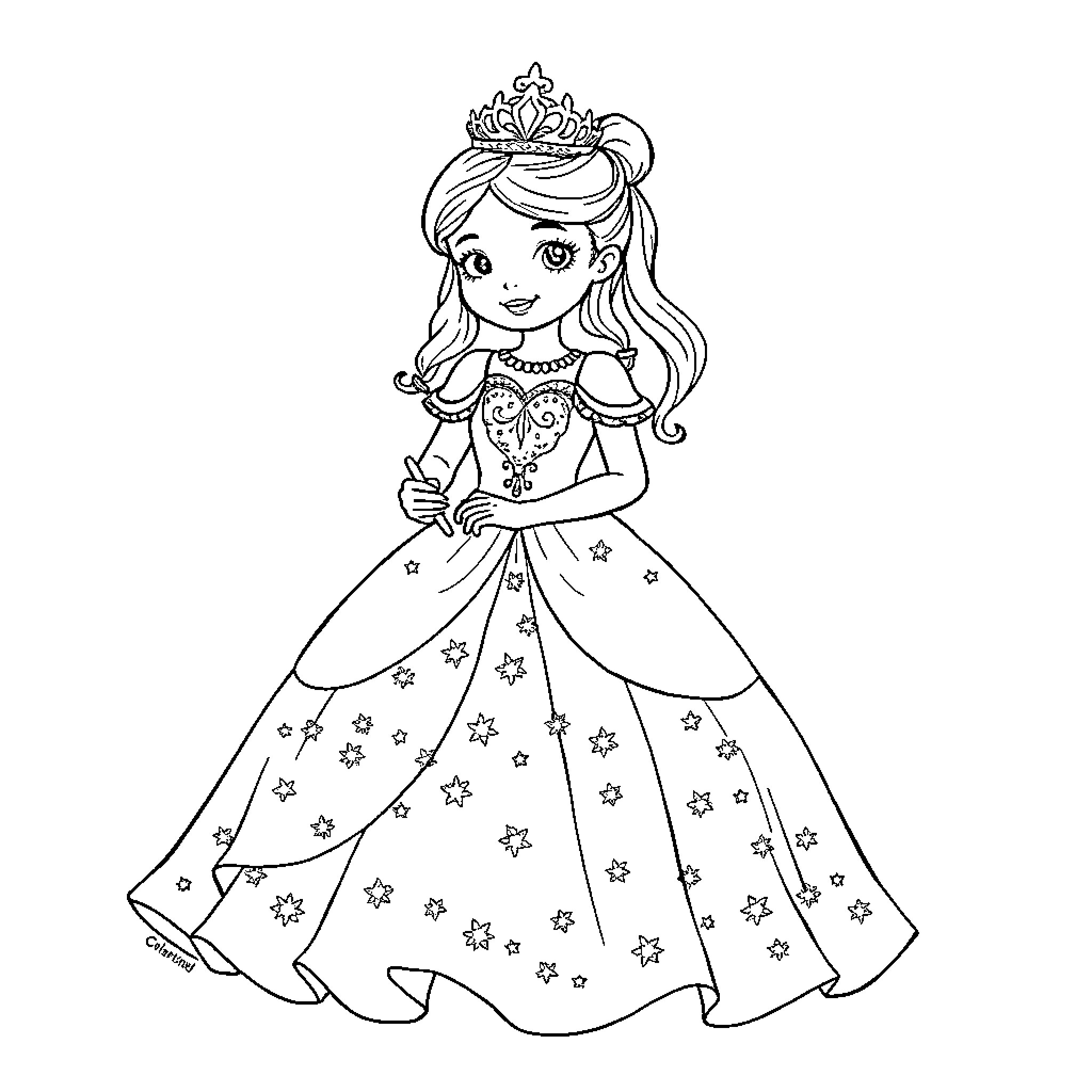 Princess in Elegant Gown and Tiara Coloring Page (free black-and-white line drawing printable PDF for all, from beginners to advanced learners, including children, teens, adults, and seniors)