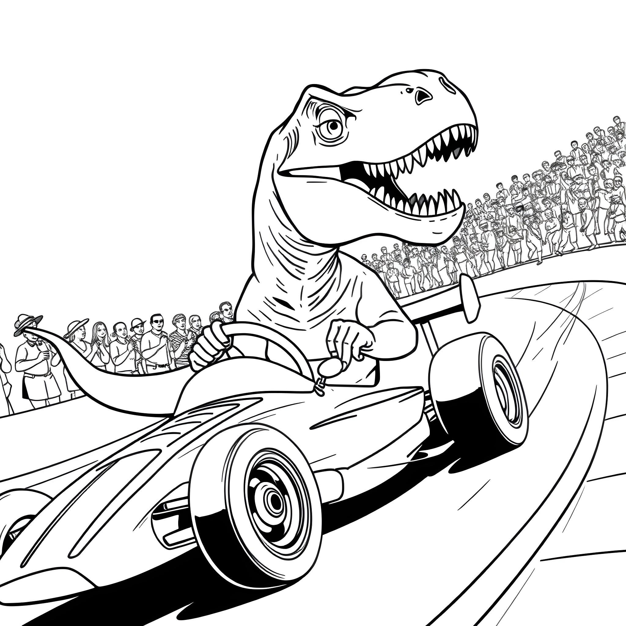 T-Rex Races Fearlessly in Futuristic Vehicle Coloring Page (free black-and-white line drawing printable PDF for all, from beginners to advanced learners, including children, teens, adults, and seniors)