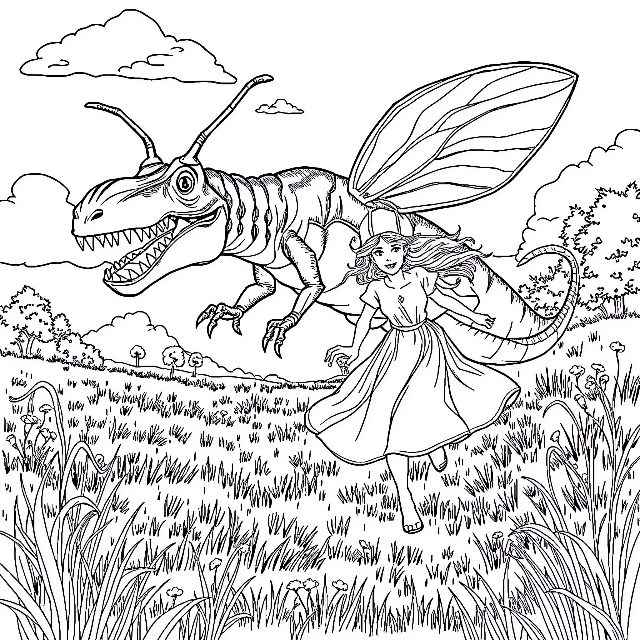 Dinosaur battles a brave fairy in a field Coloring Page (free black-and-white line drawing printable PDF for all, from beginners to advanced learners, including children, teens, adults, and seniors)