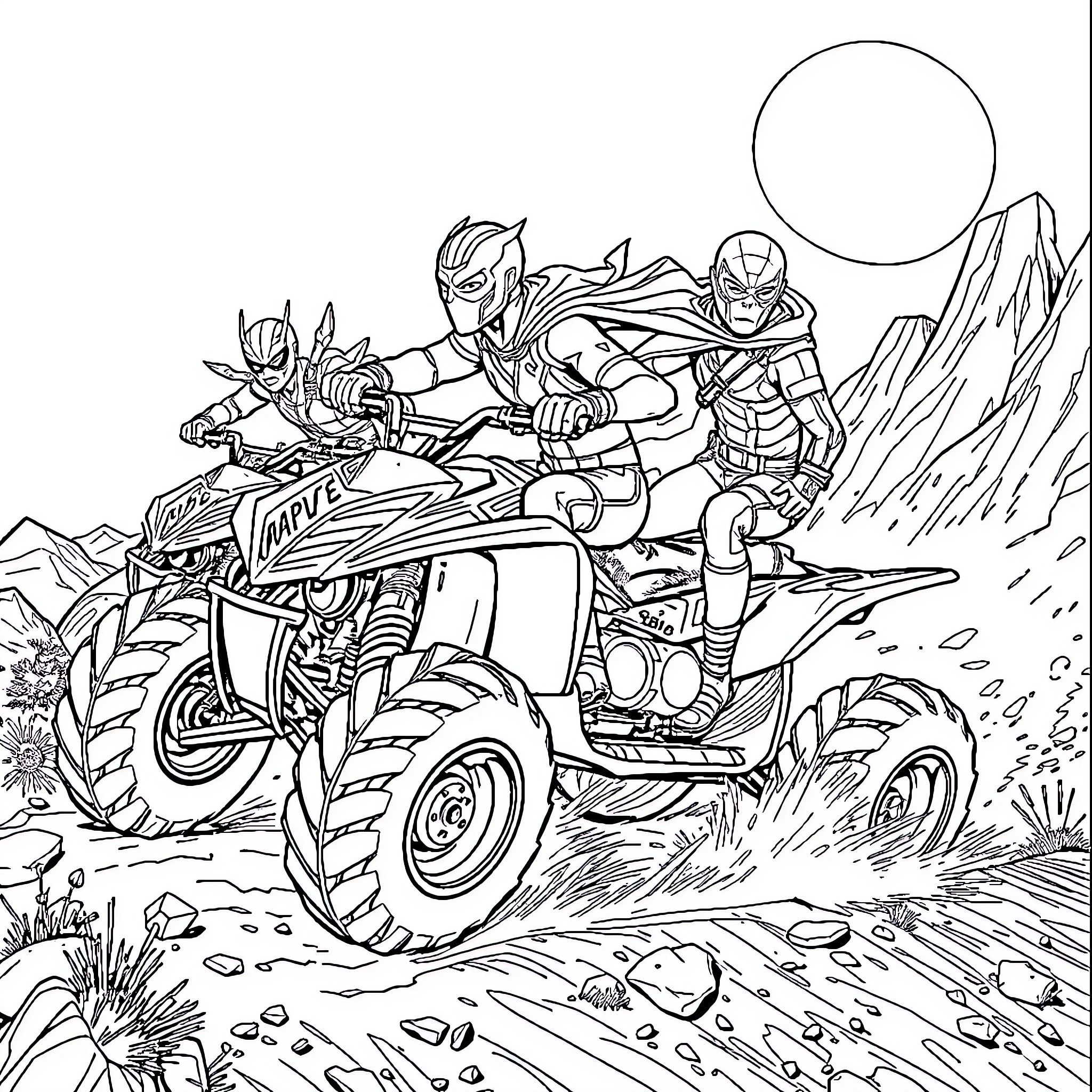 Marvel Characters Riding on an Adventurous ATV Coloring Page (free black-and-white line drawing printable PDF for all, from beginners to advanced learners, including children, teens, adults, and seniors)
