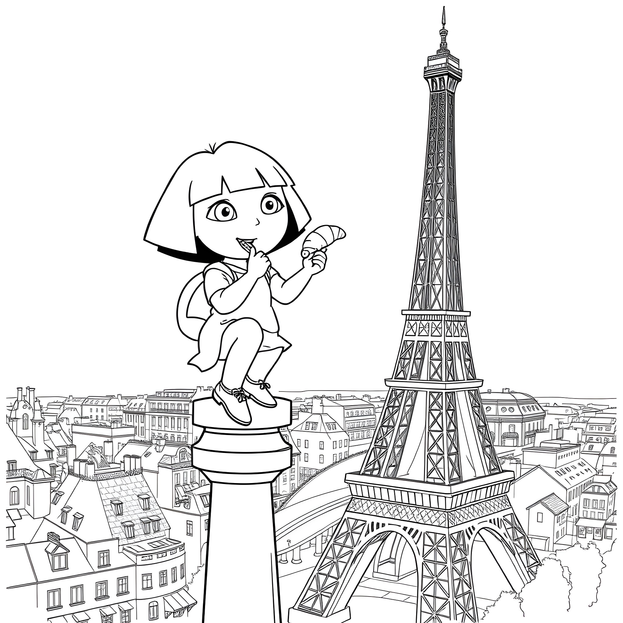 Dora exploring the Eiffel Tower in Paris Coloring Page (free black-and-white line drawing printable PDF for all, from beginners to advanced learners, including children, teens, adults, and seniors)