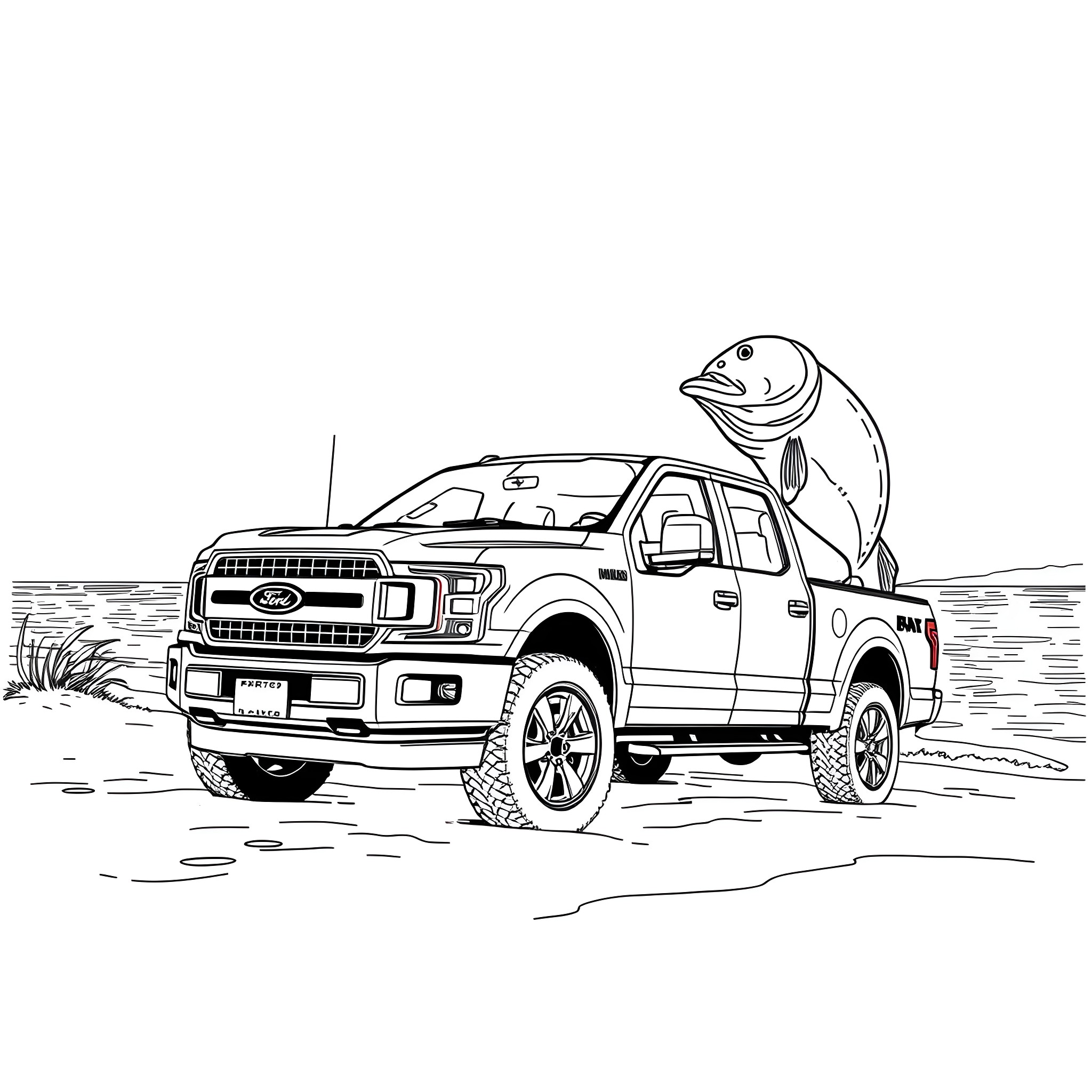 Ford Pickup truck with giant fish by the river Coloring Page (free black-and-white line drawing printable PDF for all, from beginners to advanced learners, including children, teens, adults, and seniors)