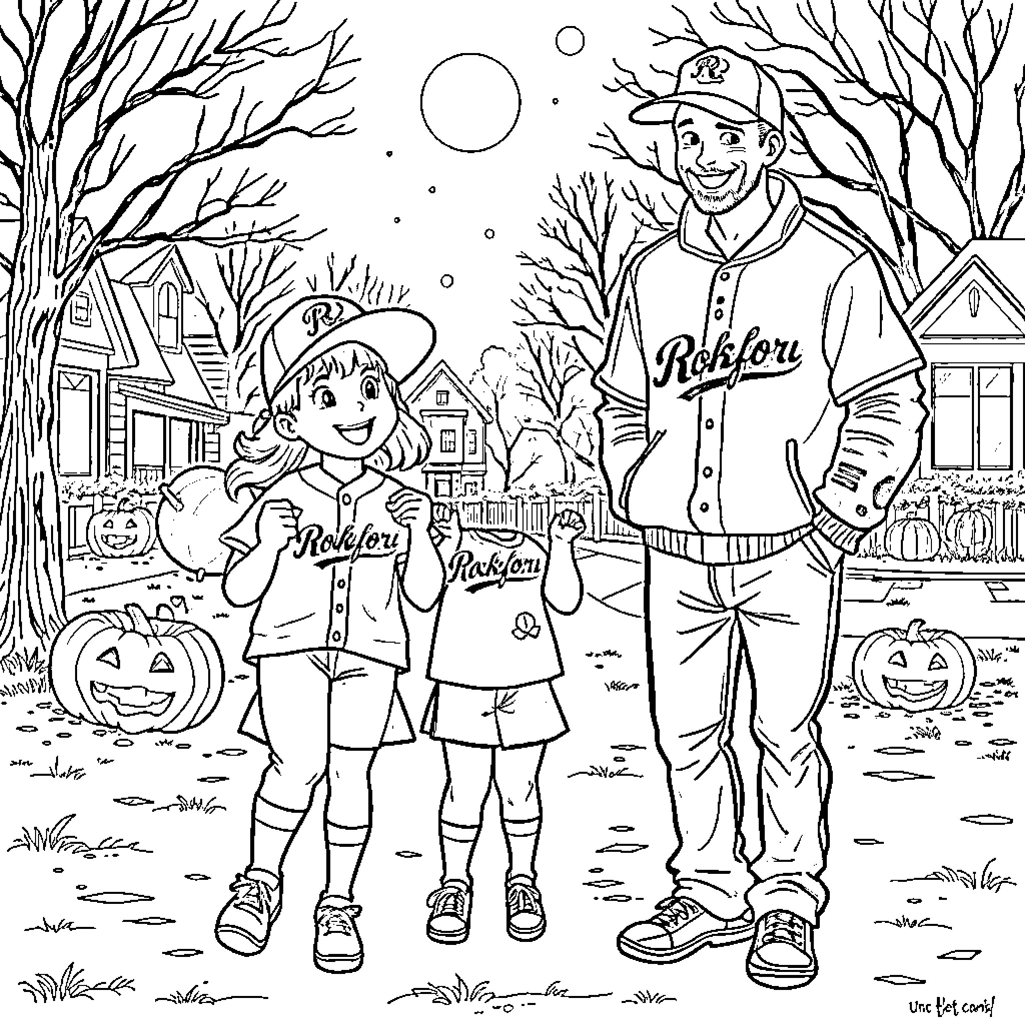 Girl and Boy in Halloween Costumes Enjoying the Fall Season Coloring Page (free black-and-white line drawing printable PDF for all, from beginners to advanced learners, including children, teens, adults, and seniors)