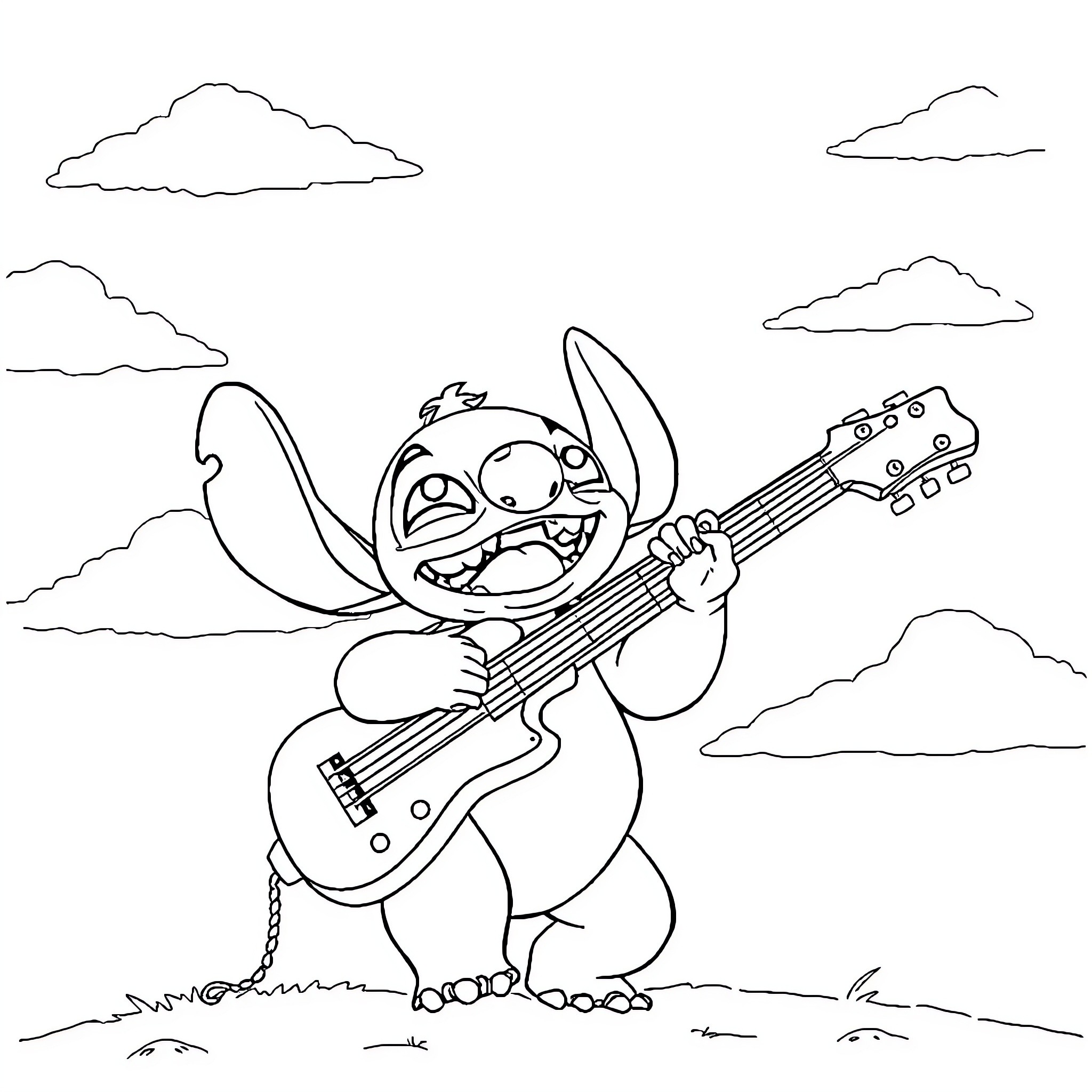 Stitch rocking out with his guitar Coloring Page (free black-and-white line drawing printable PDF for all, from beginners to advanced learners, including children, teens, adults, and seniors)