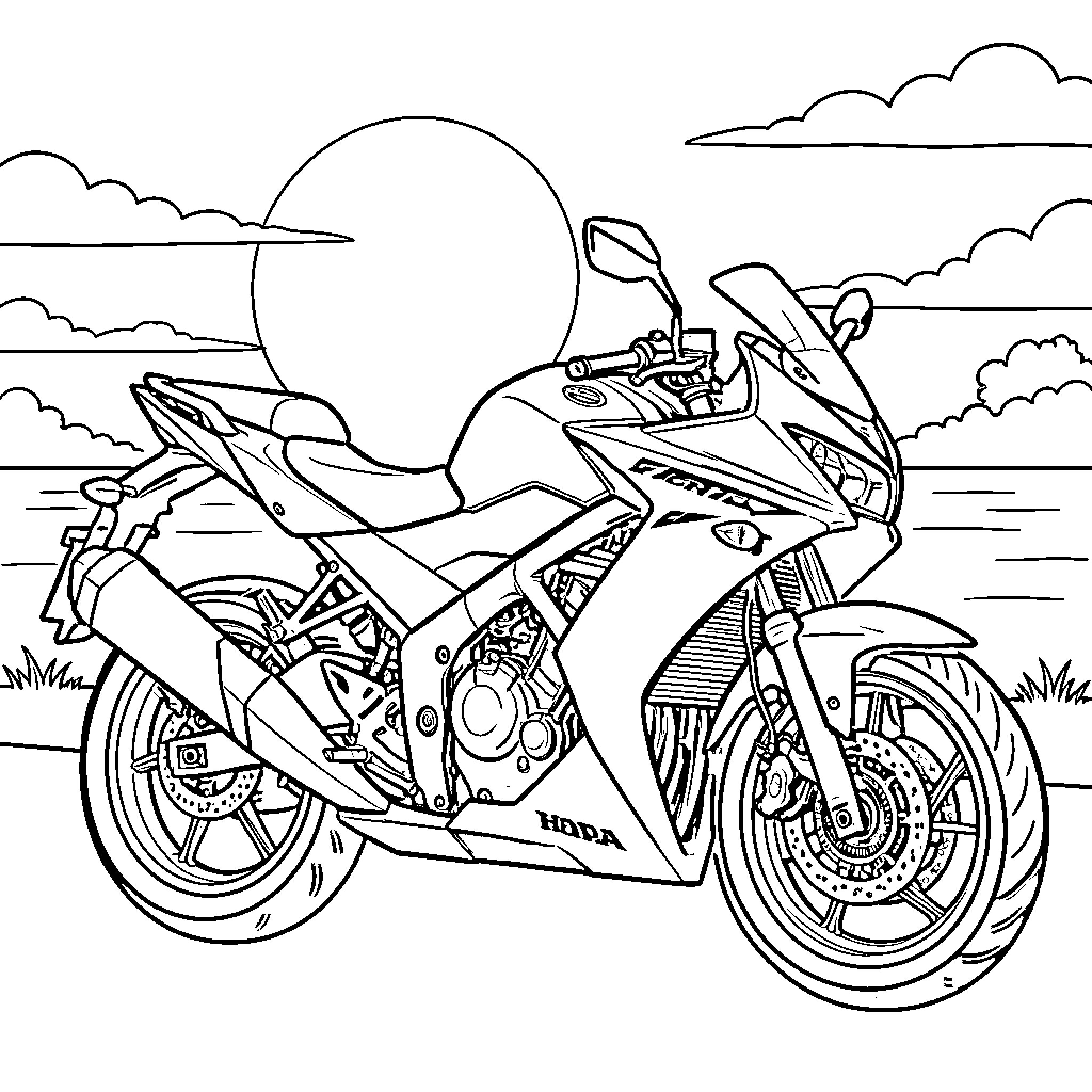 Honda CBR 650r parked by the scenic lake Coloring Page (free black-and-white line drawing printable PDF for all, from beginners to advanced learners, including children, teens, adults, and seniors)