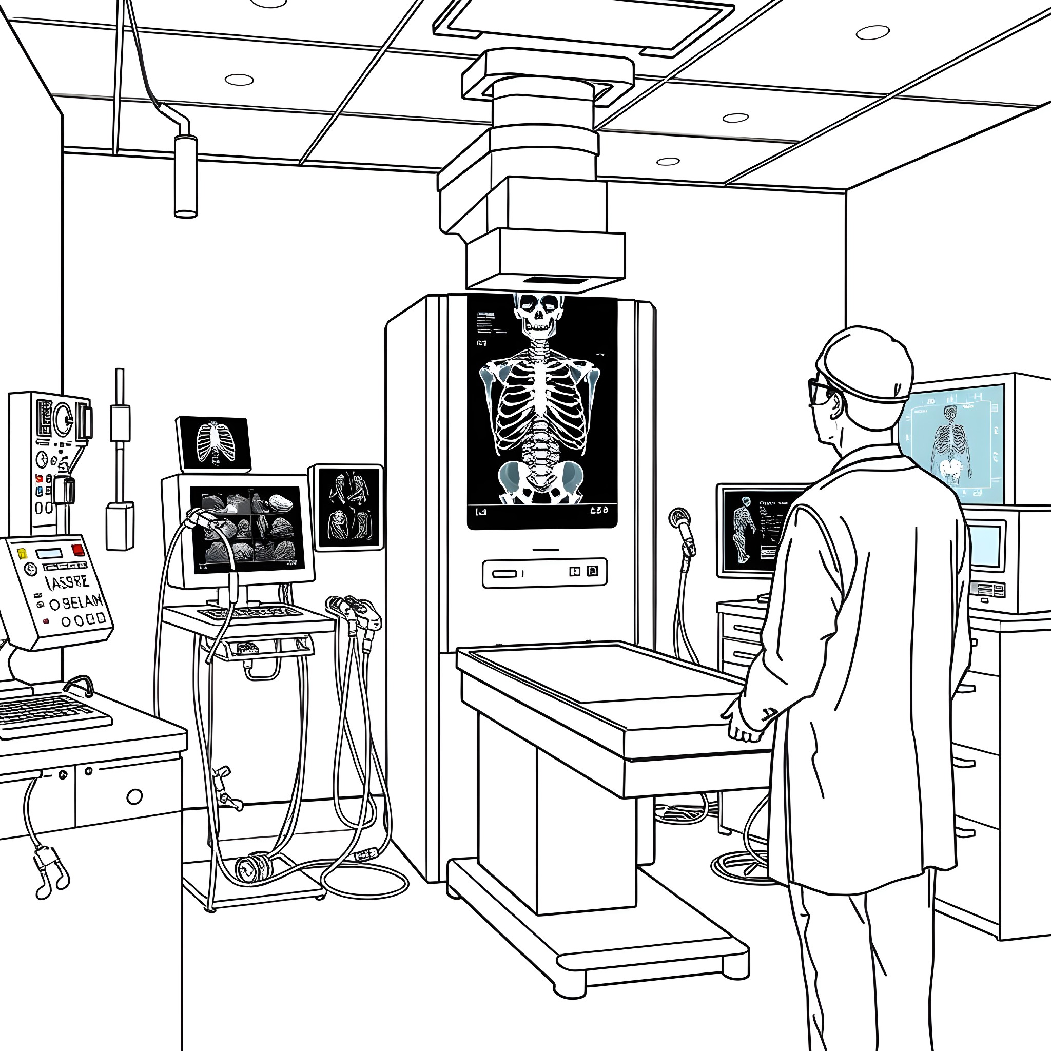 X-ray of medical equipment and patient examination Coloring Page (free black-and-white line drawing printable PDF for all, from beginners to advanced learners, including children, teens, adults, and seniors)