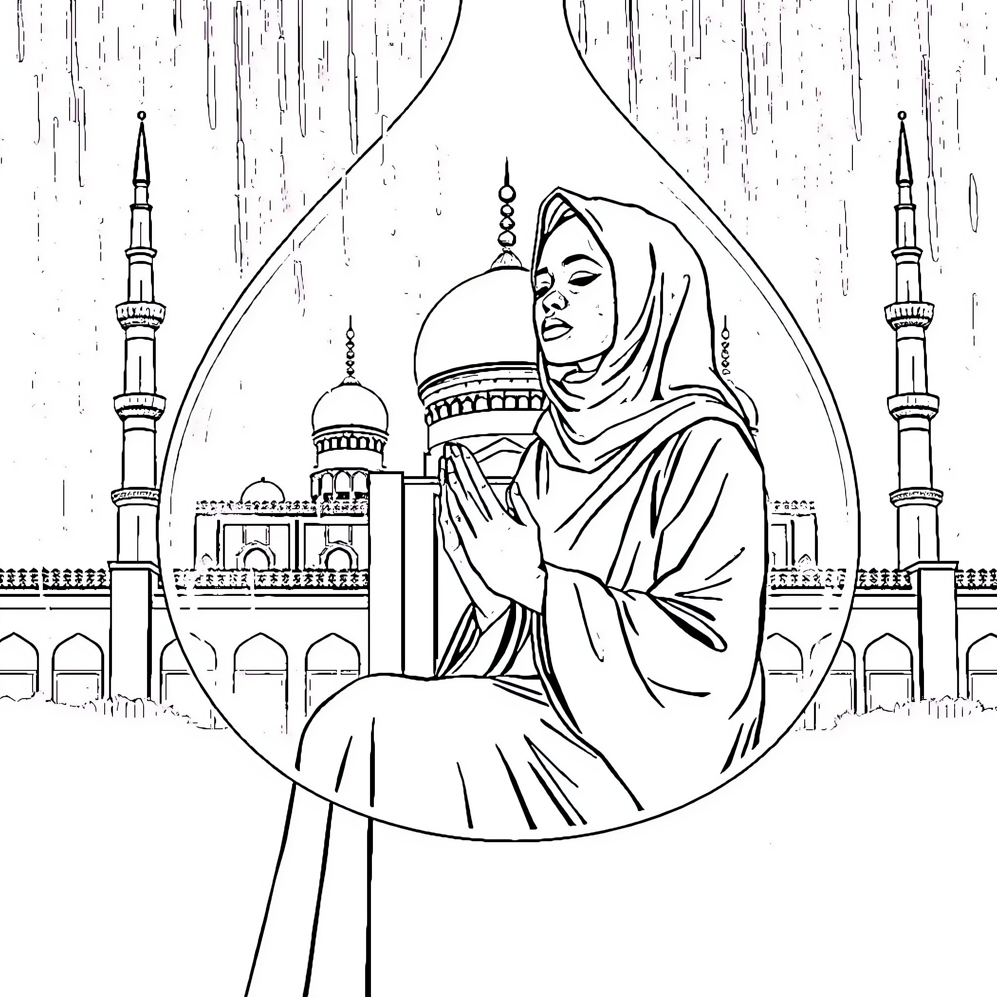 Mosque scene with praying woman in traditional attire Coloring Page (free black-and-white line drawing printable PDF for all, from beginners to advanced learners, including children, teens, adults, and seniors)